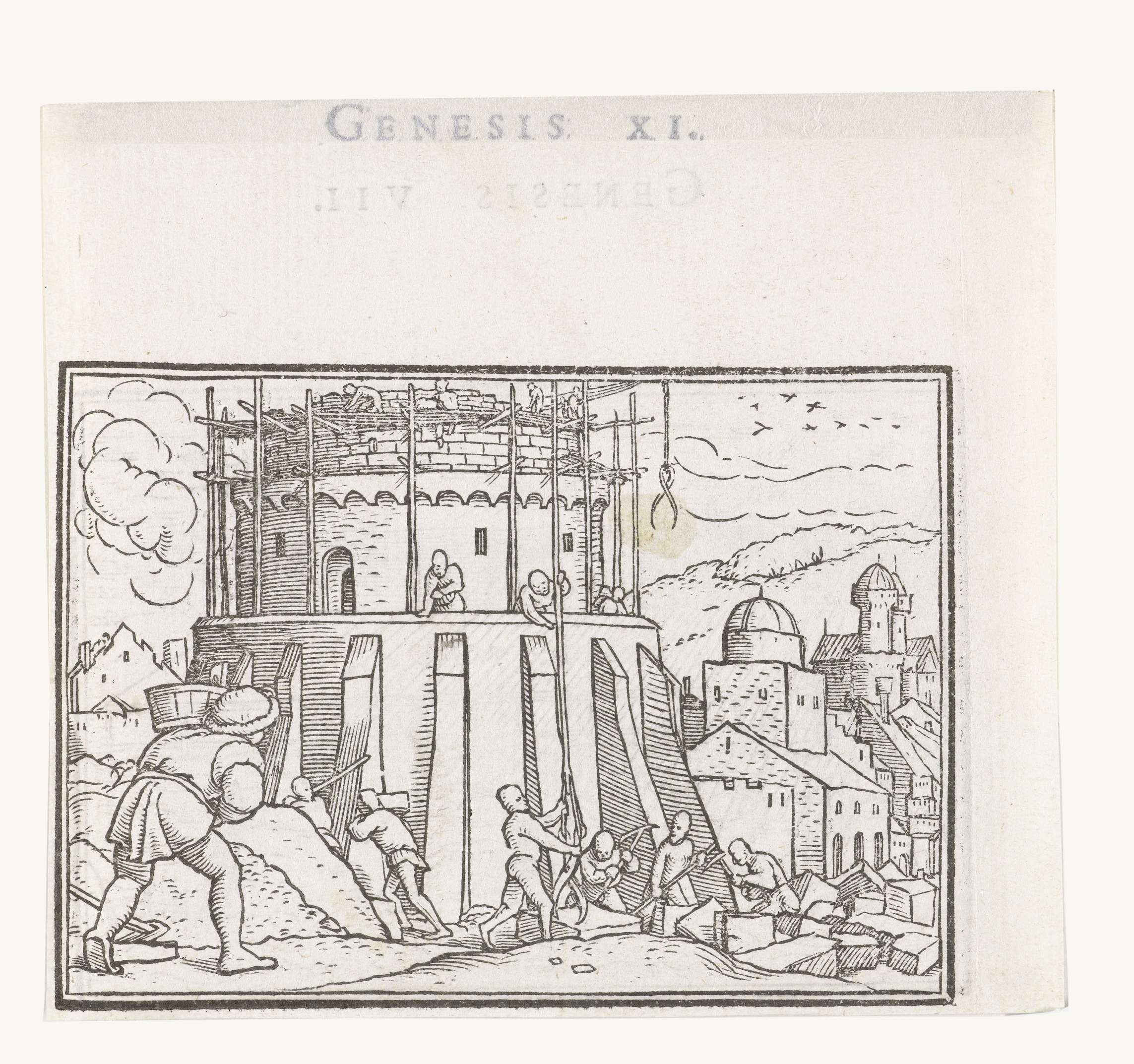 Bouw van de toren van Babel by Hans Holbein II, paper medium depicting a biblical tower