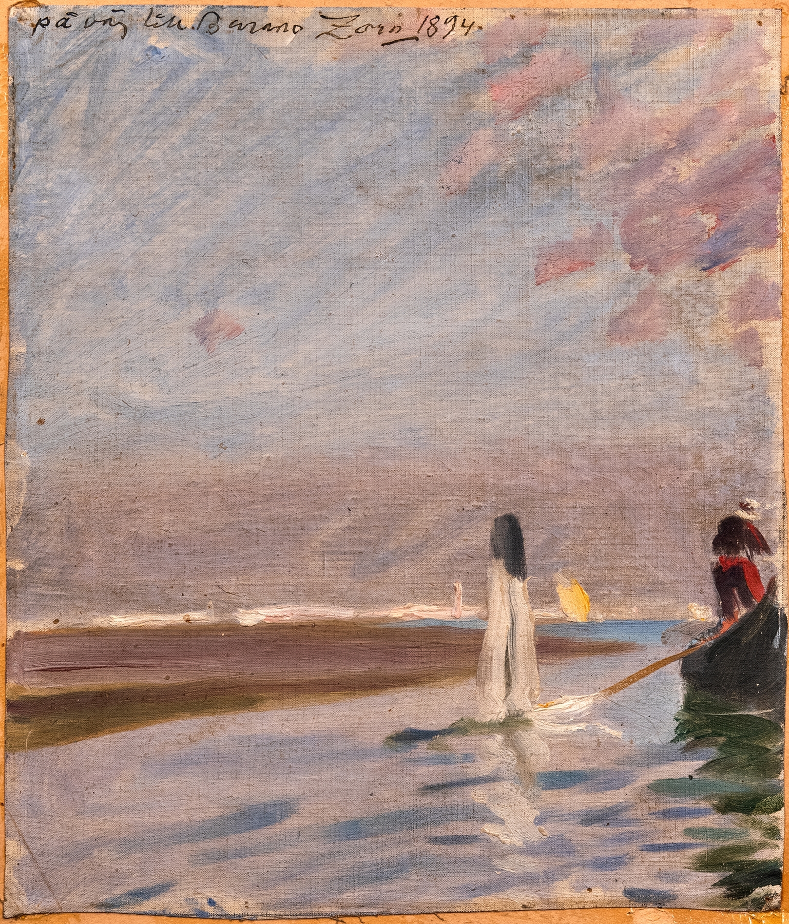 Oil painting by Anders Zorn depicting women in a boat on shimmering water