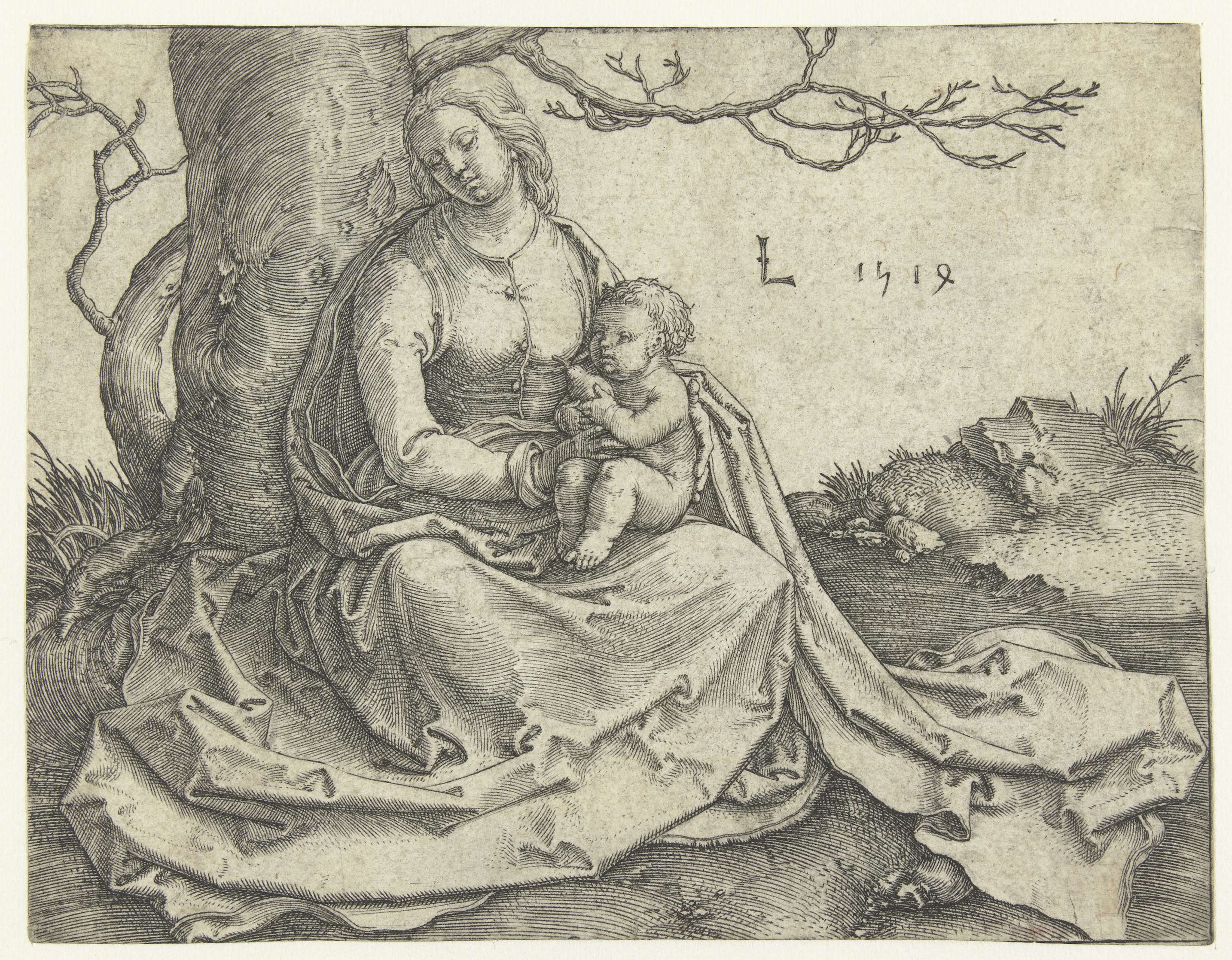 Virgin and Child seated under a tree, engraving by Lucas van Leyden