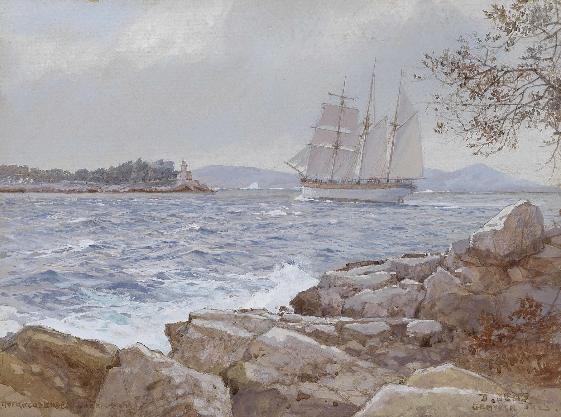 Oil on canvas by Johann Seits depicting a sailboat on the ocean