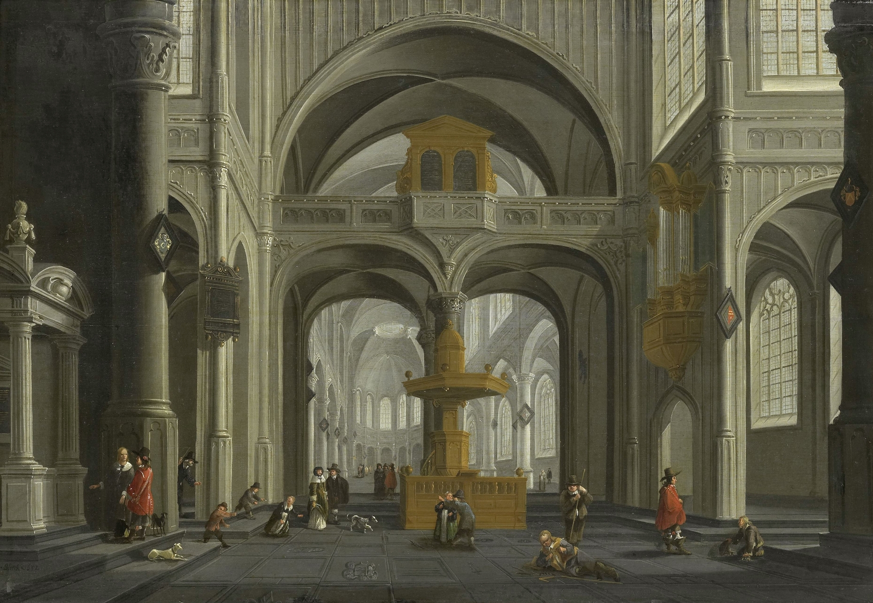 Church Interior by Daniël de Blieck, oil on canvas depicting light through stained glass.