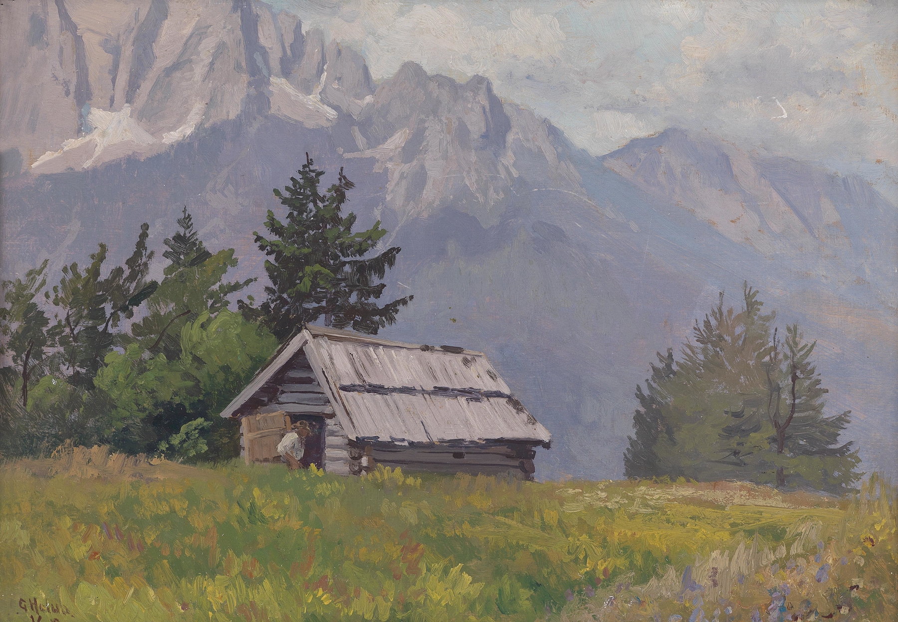 Post-Impressionism landscape by Georg Holub, featuring a wooden cabin and mountains.