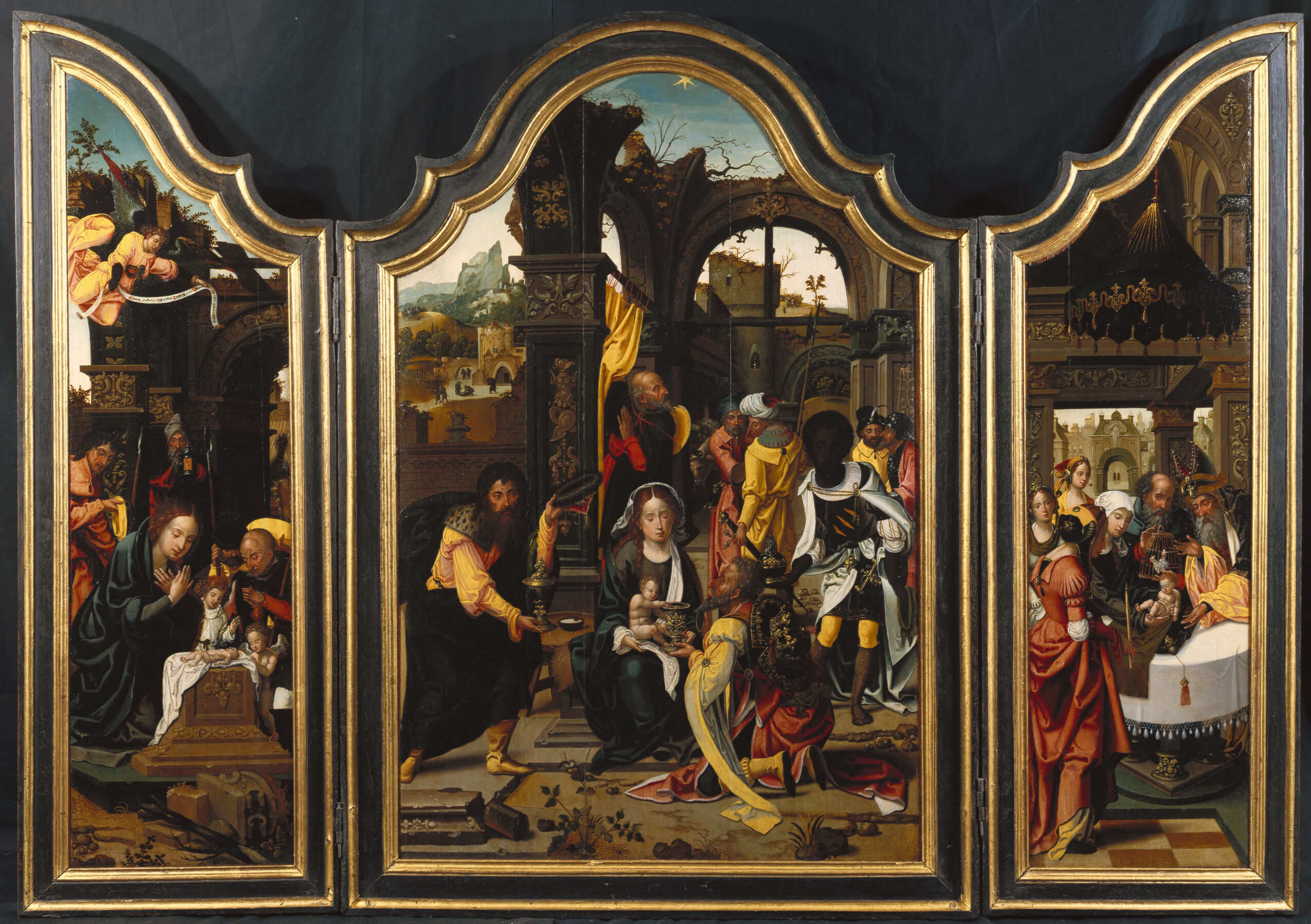 The Adoration of the Magi; left panel: The Nativity; right panel: The Presentation in the Temple, by Master of 1518, public domain