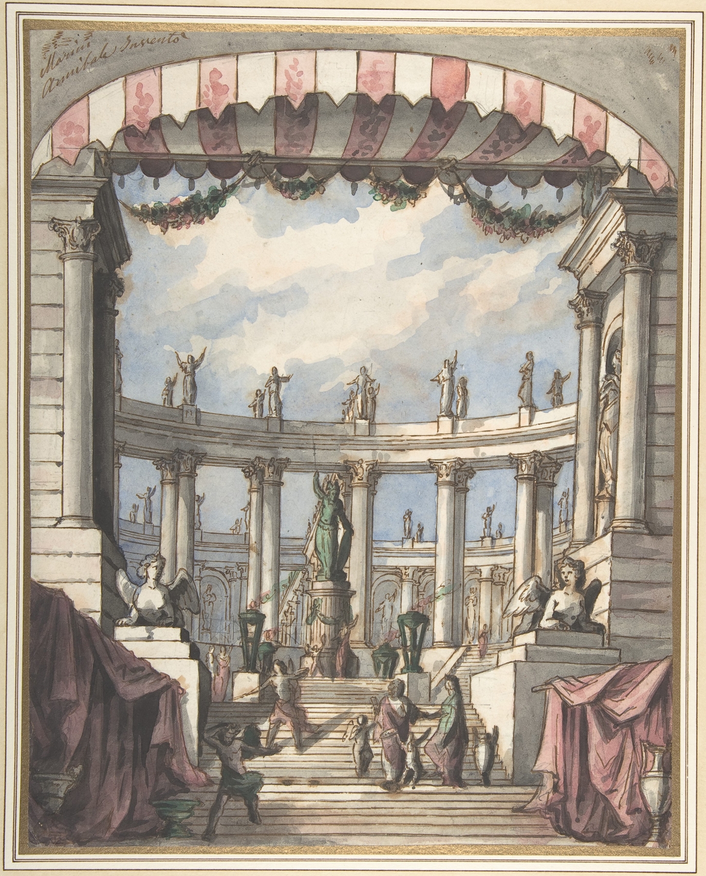 Design for a Stage Set; A Classical Courtyard and Colonnade with a Statue of Minerva, by Leonardo Marini, public domain