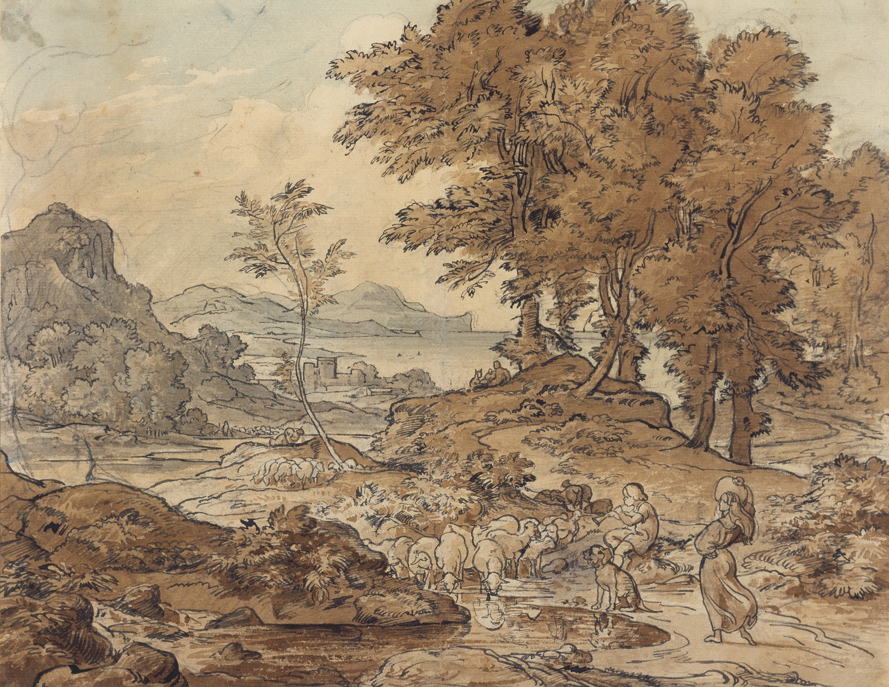 Italienische Landschaft mit Schafherden by Adrian Ludwig Richter, oil painting depicting sheep in a golden landscape.