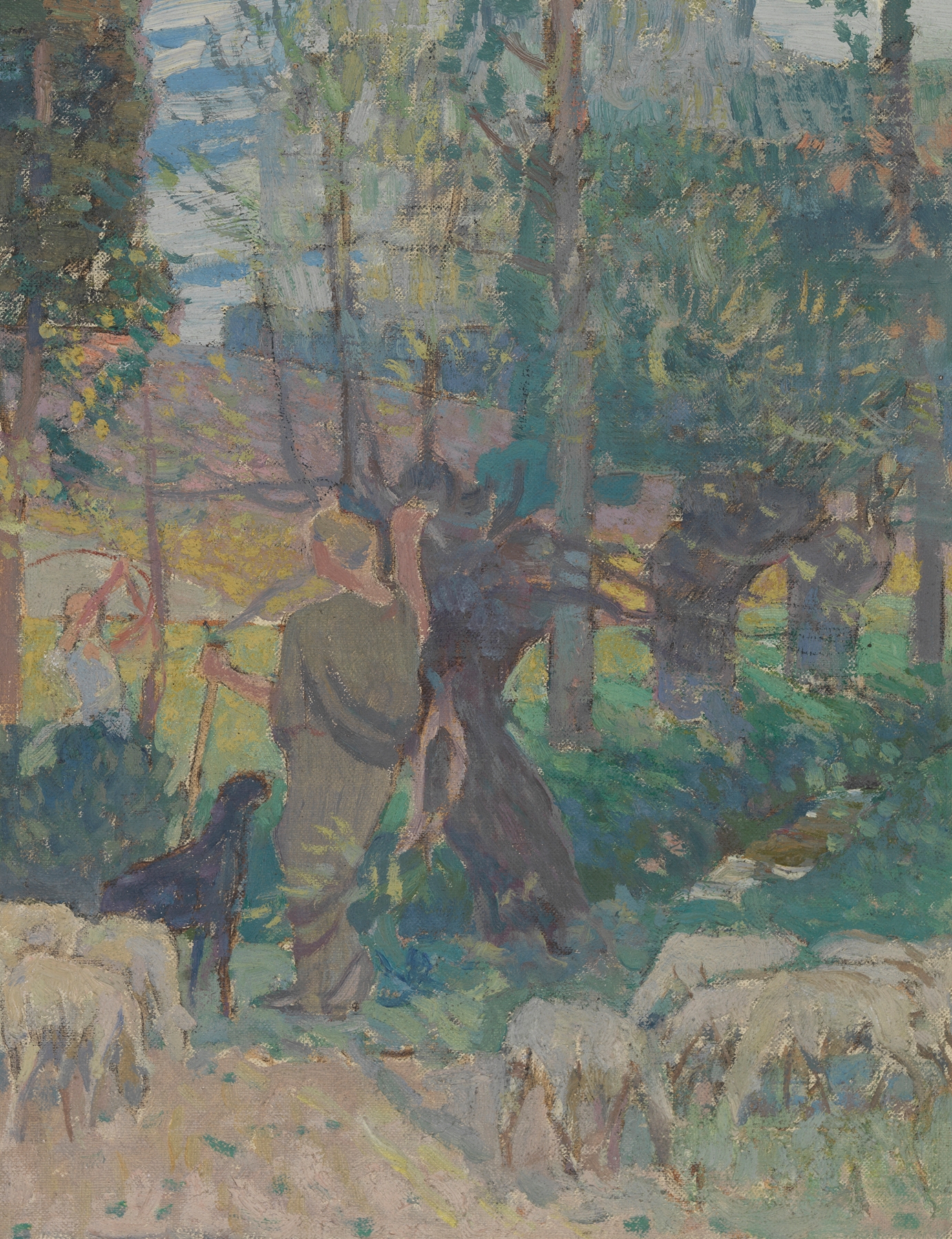 Landscape oil painting by Victor Menu featuring muted greens and browns