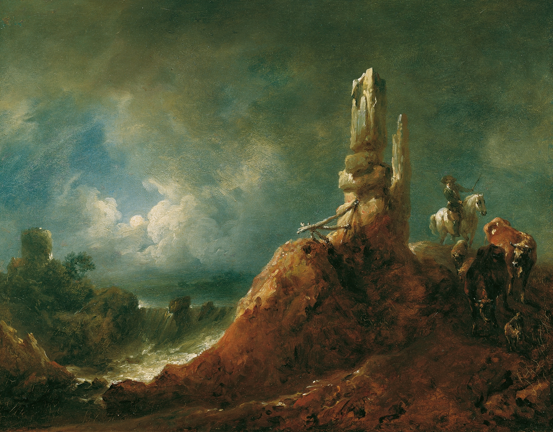 Landschaft mit Ruine und Reiter bei Mondschein, by Johann Christian Brand, public domain