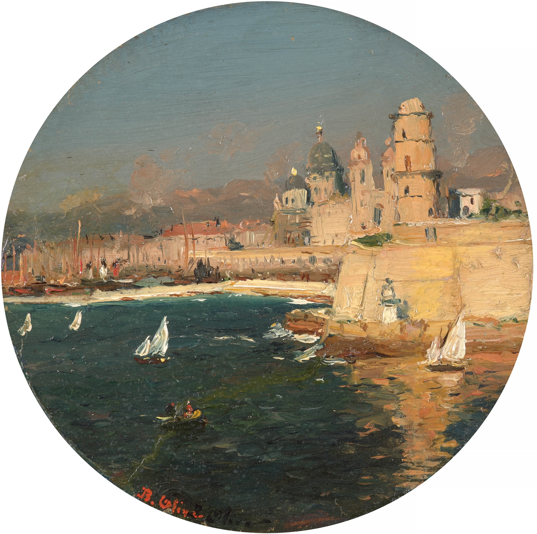 Oil on canvas by Jean-Baptiste Olive depicting a harbor scene with water and buildings.