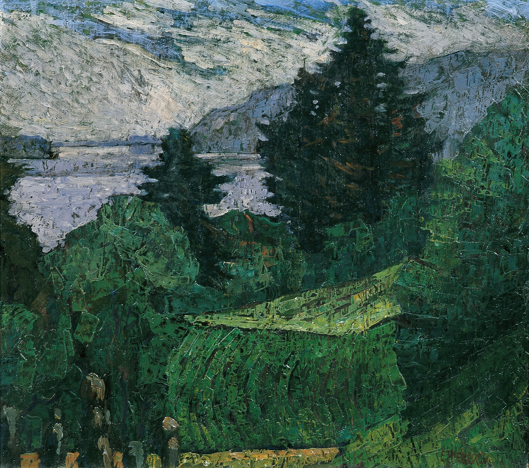 Lakeside landscape with trees and water, oil painting by Ernst Riederer