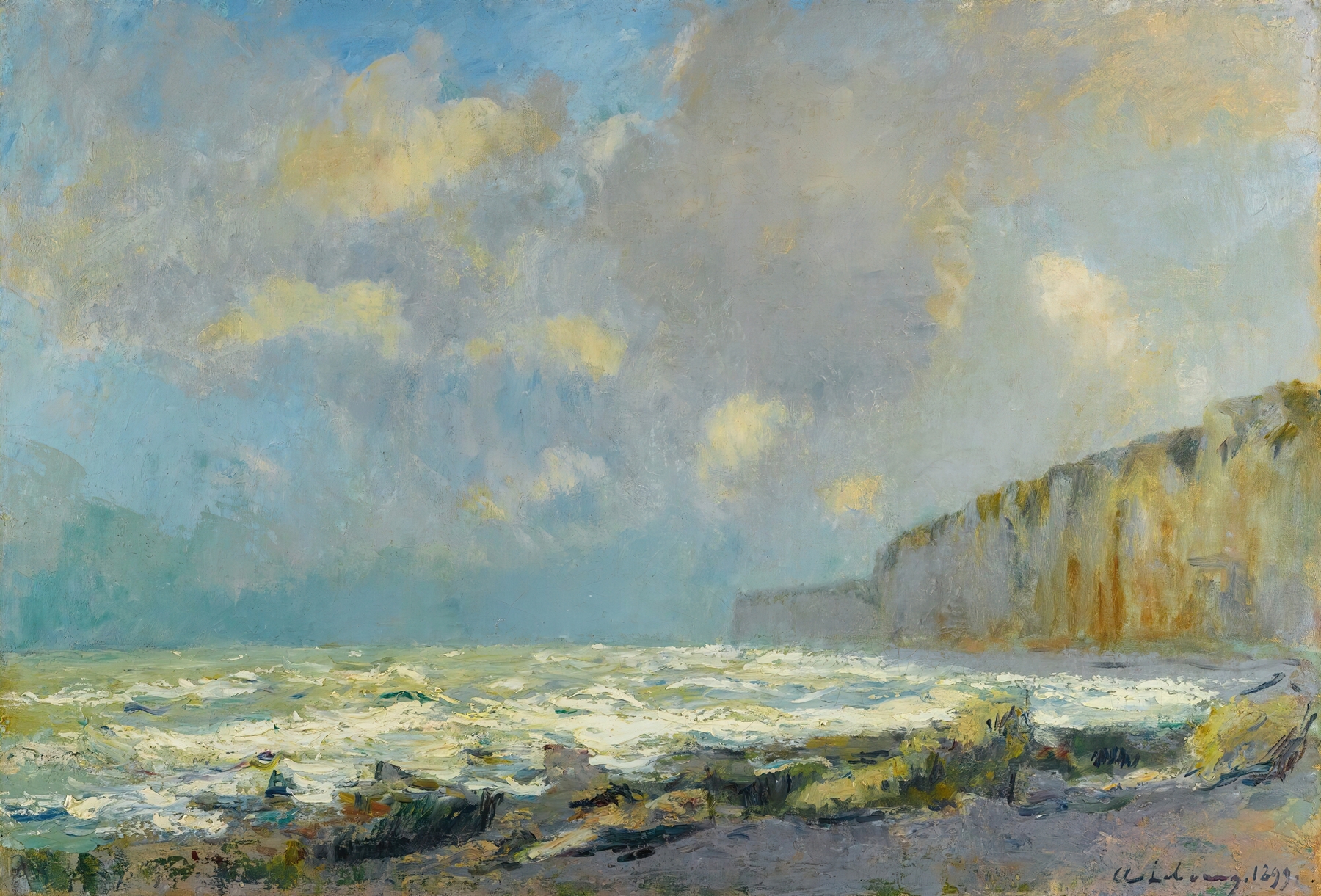 Mer Montante À Veulettes by Albert Lebourg, oil painting depicting gentle waves at sunset.