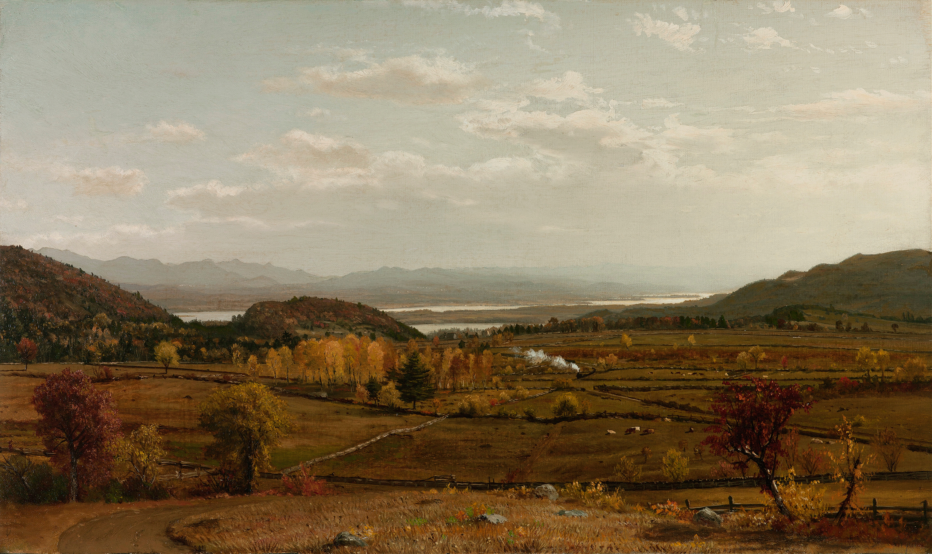 Landscape by John William Casilear, oil on canvas depicting hills and clouds