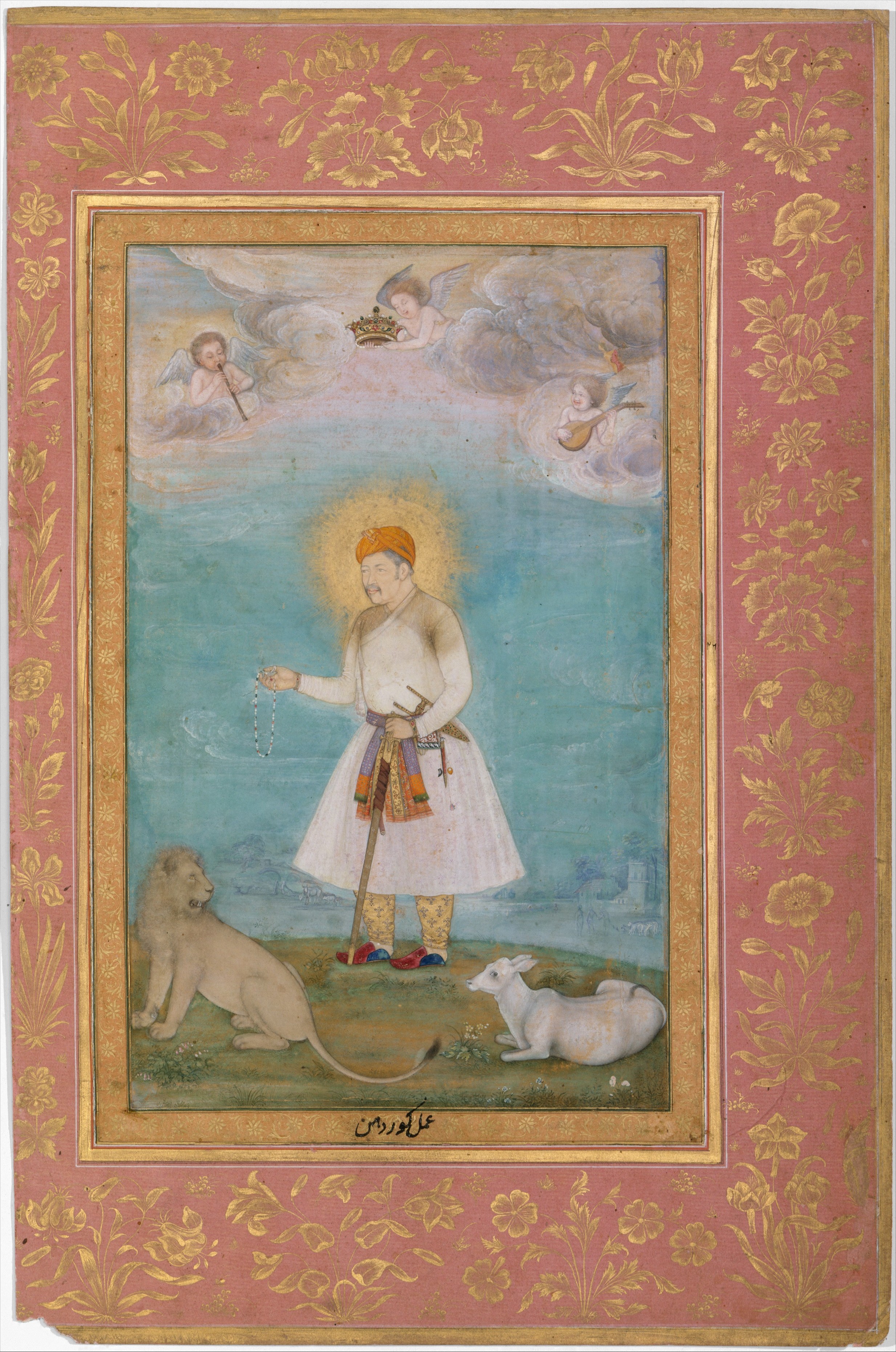 Folio by Govardhan depicting Akbar with a lion and calf, gold medium