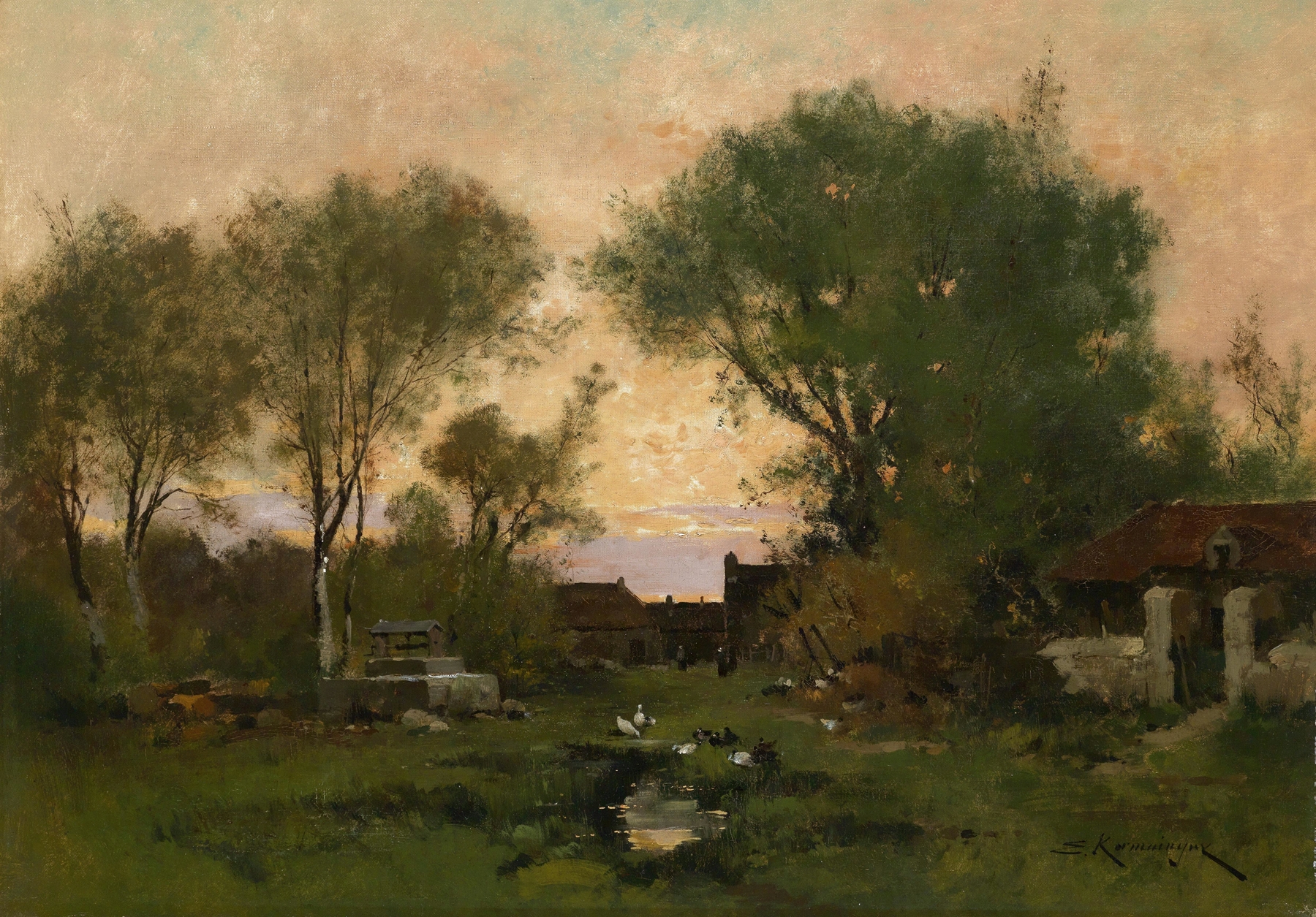 Landscape at sunset with trees, oil on canvas by Eugène Galien-Laloue