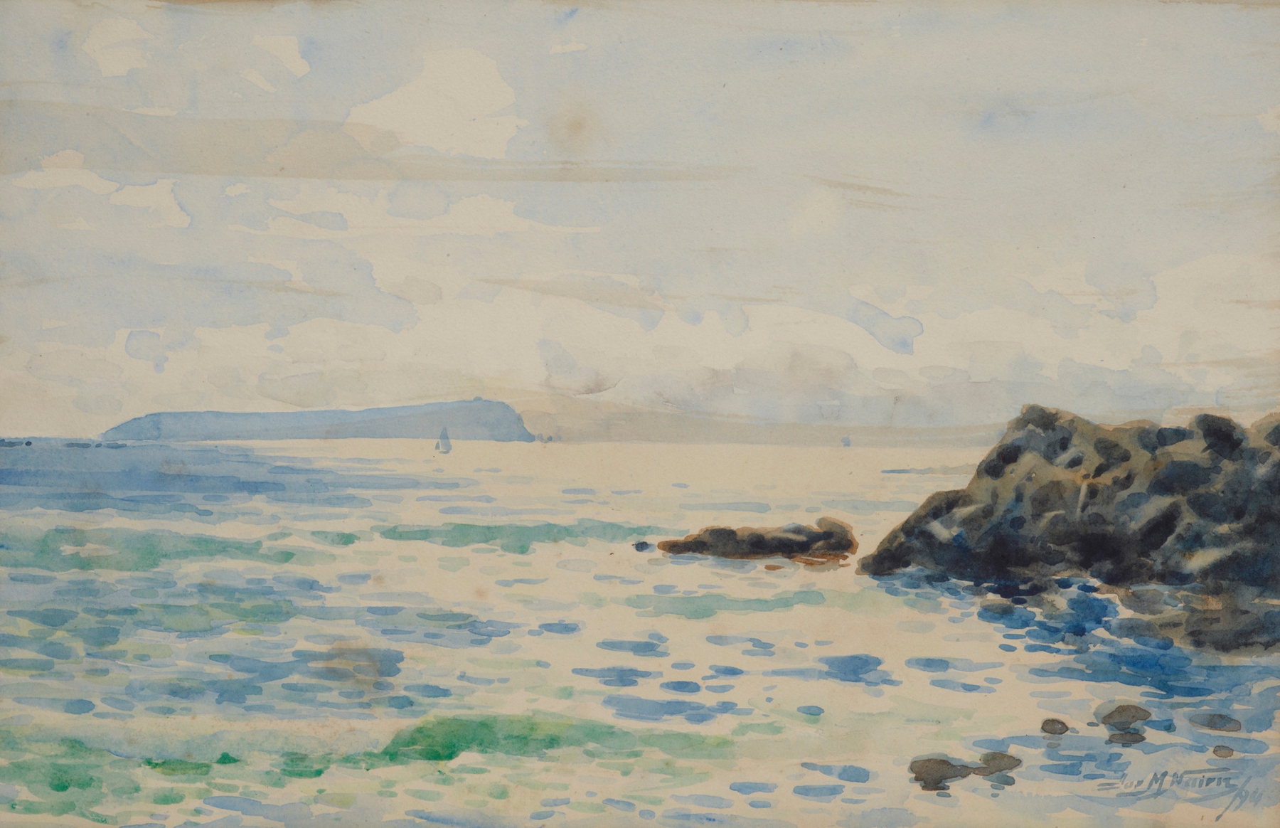 Landscape of Titahi Bay by James Nair, oil painting featuring twilight hues and azure waters.