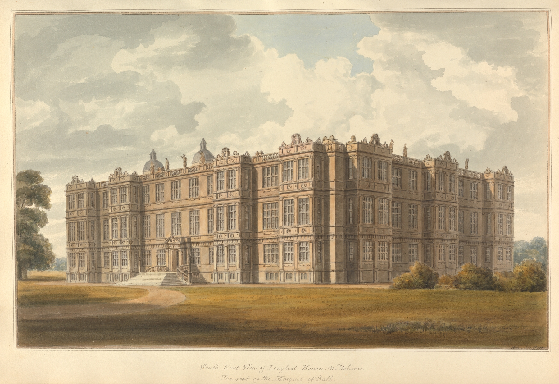 South East View of Longleat House by John Buckler, oil painting depicting grand architecture in a lush landscape