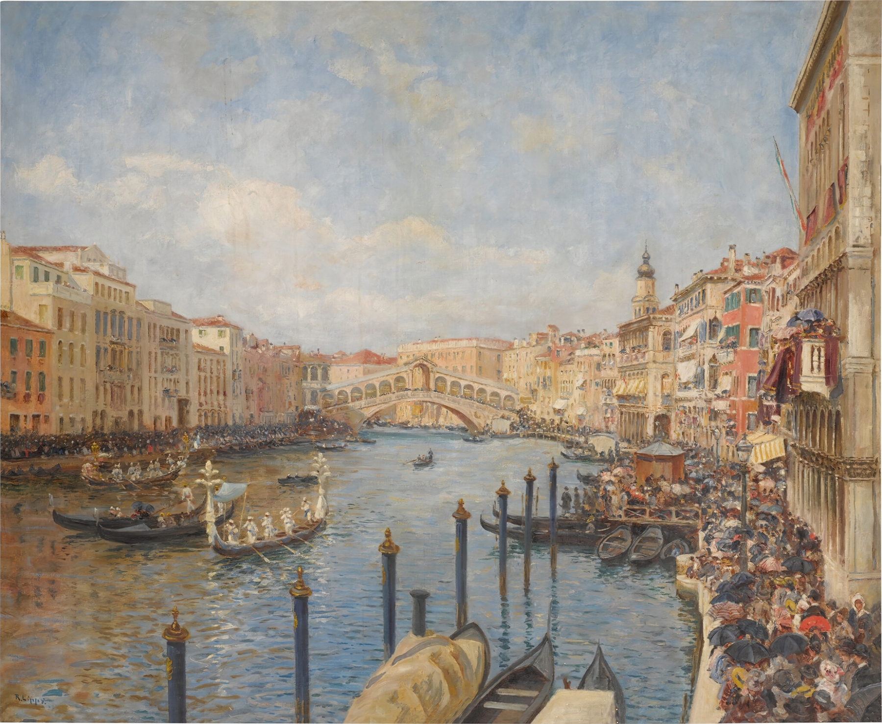 View of Venice during Carnival by Richard Lipps, oil on canvas depicting a lively procession with masked figures.
