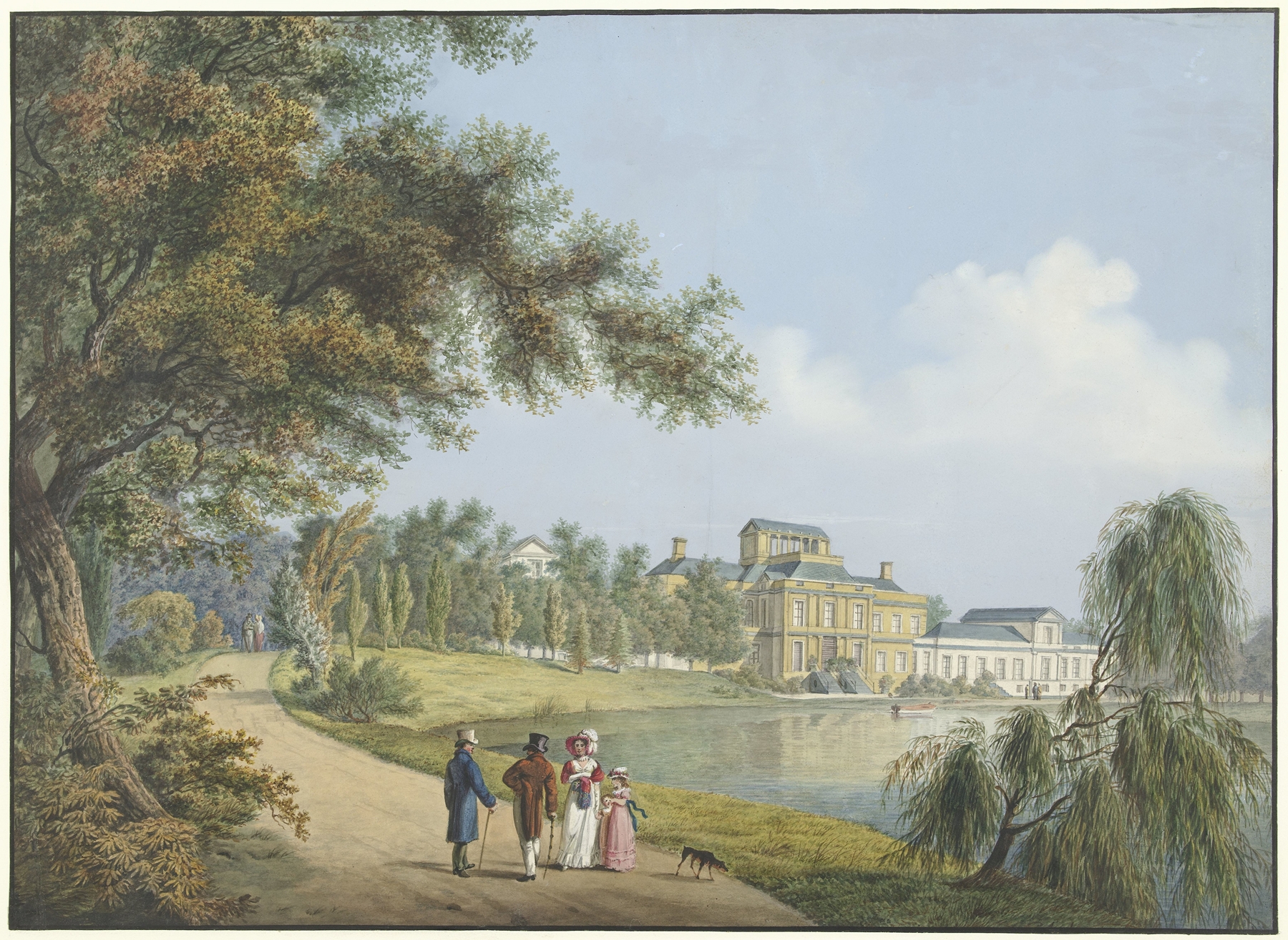 Landscape oil painting by Cornelis de Kruyff depicting Soestdijk Palace with clouds and light.