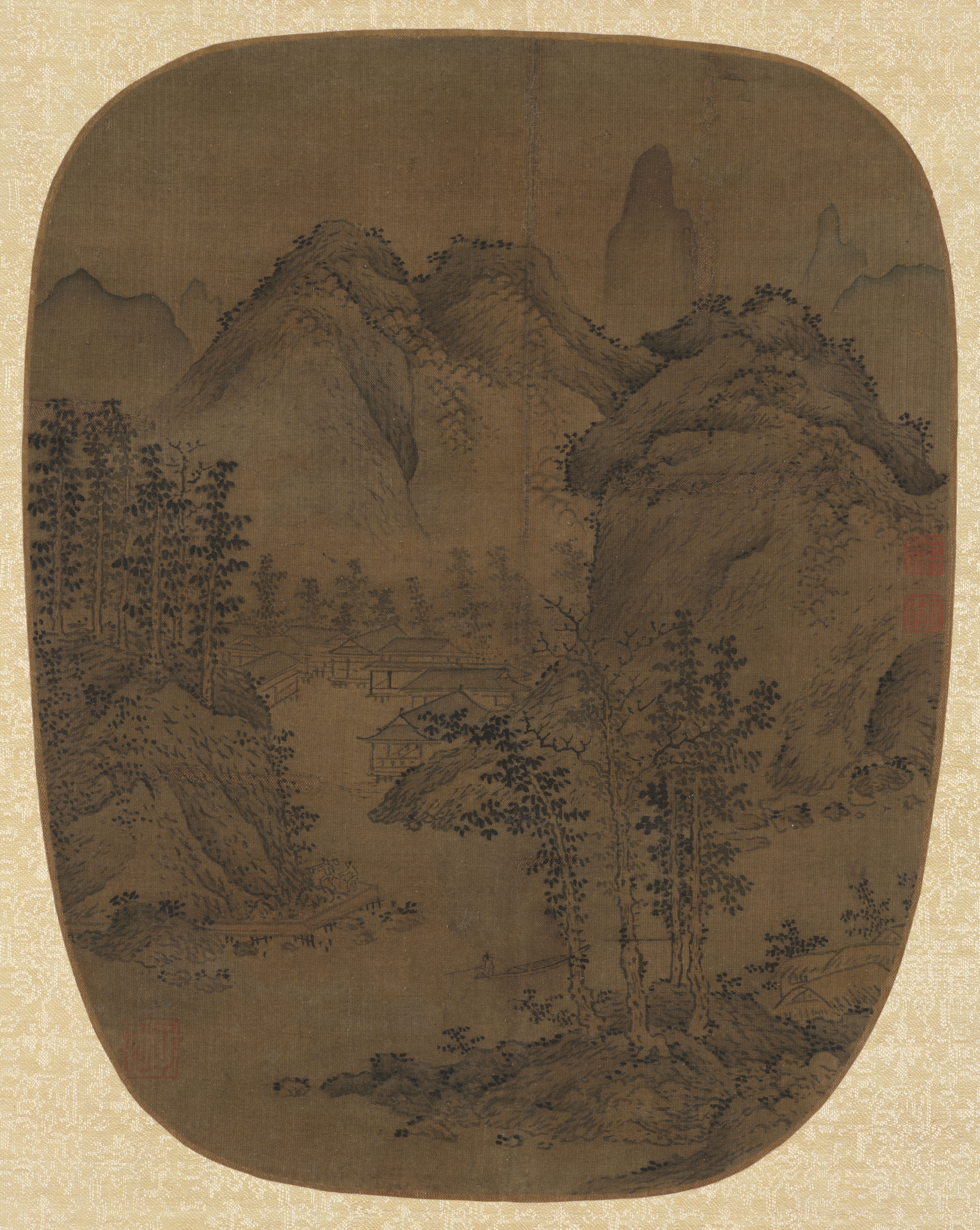 Landscape Painting in the Shape of a Fan, silk by Sheng Mao