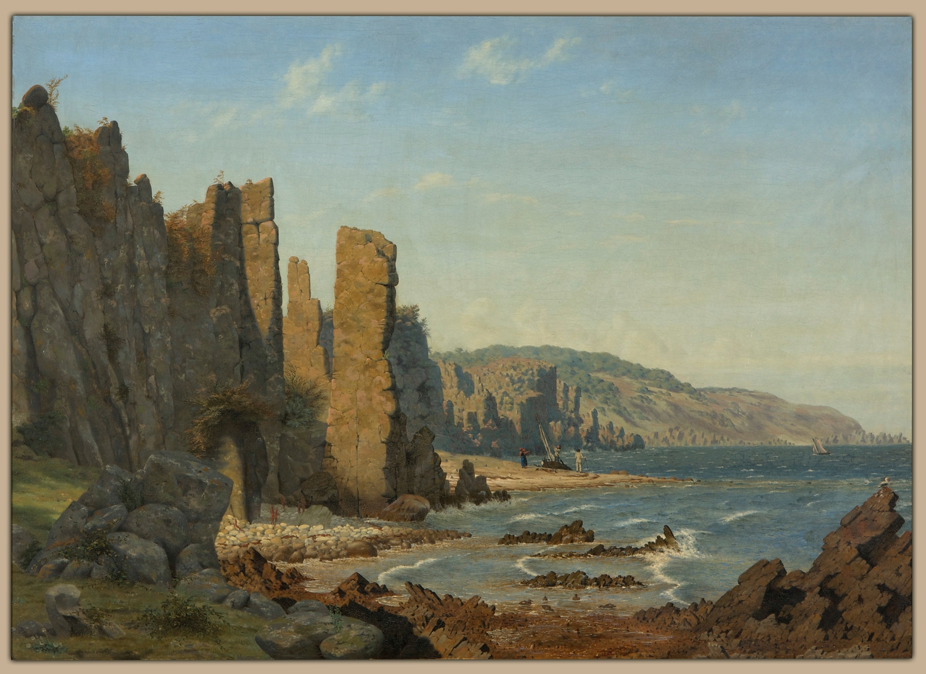 Beach formation on Bornholm by Vilhelm Kyhn, oil painting depicting dawn light over gentle waves.