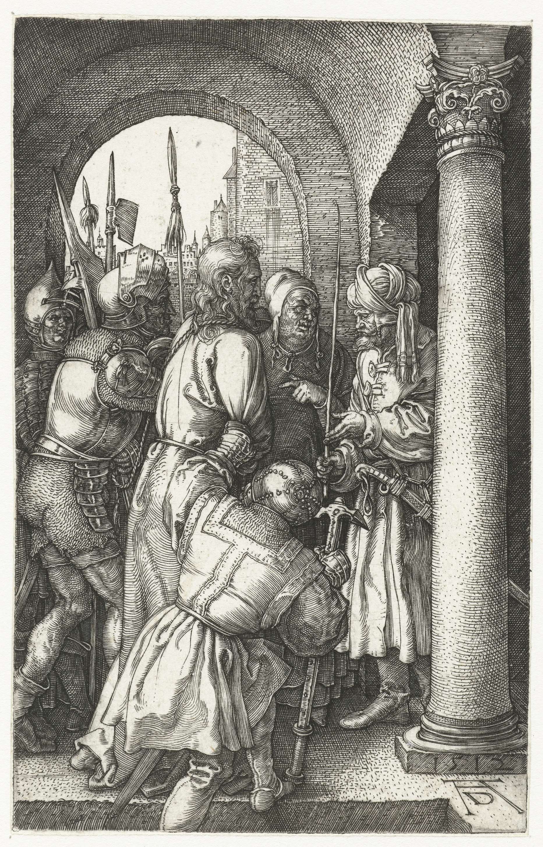 Christus voor Pilatus engraving by Albrecht Dürer showing Christ surrounded by a tense crowd