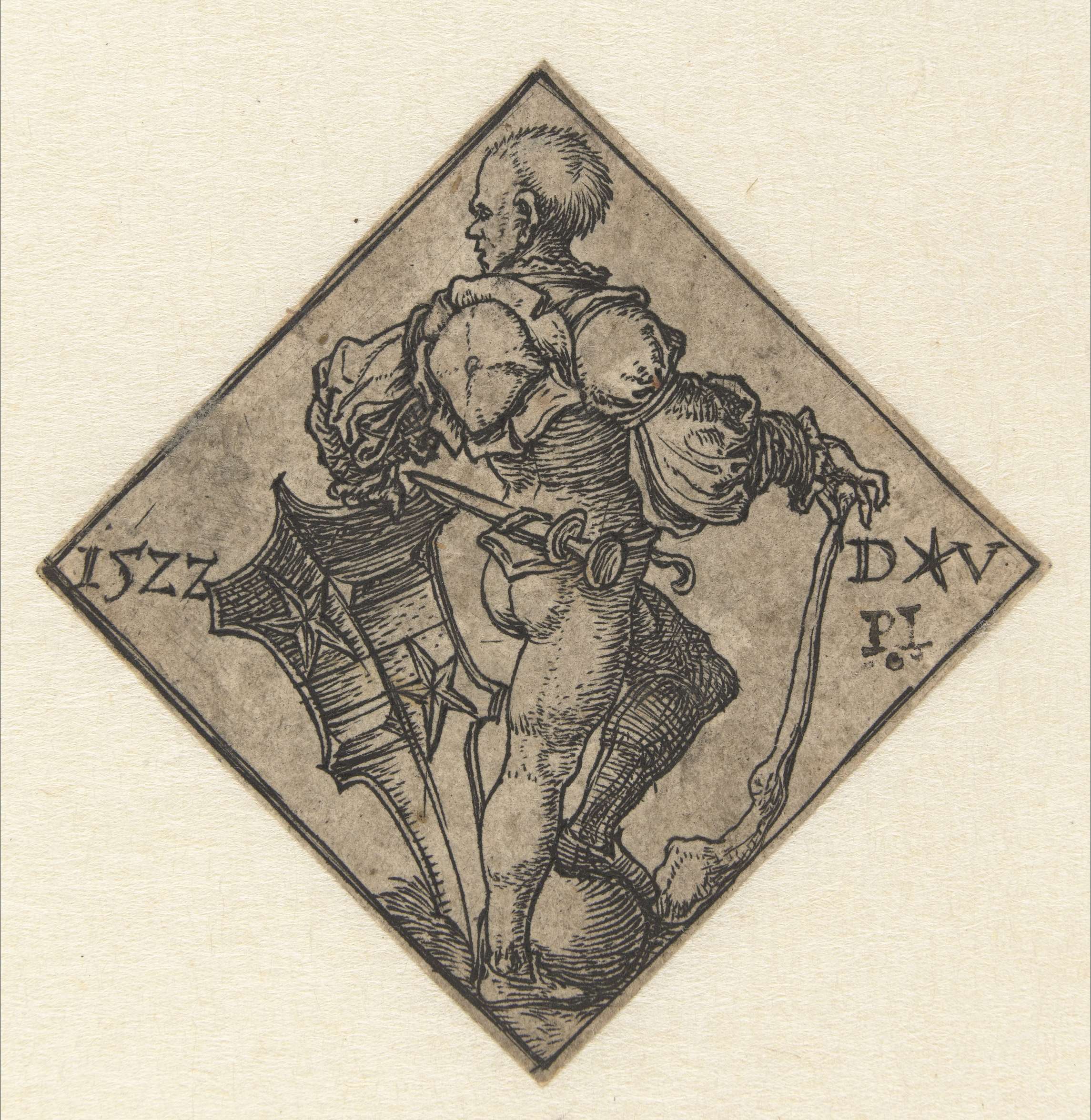 Engraving of a soldier in armor holding a shield by Dirck Vellert