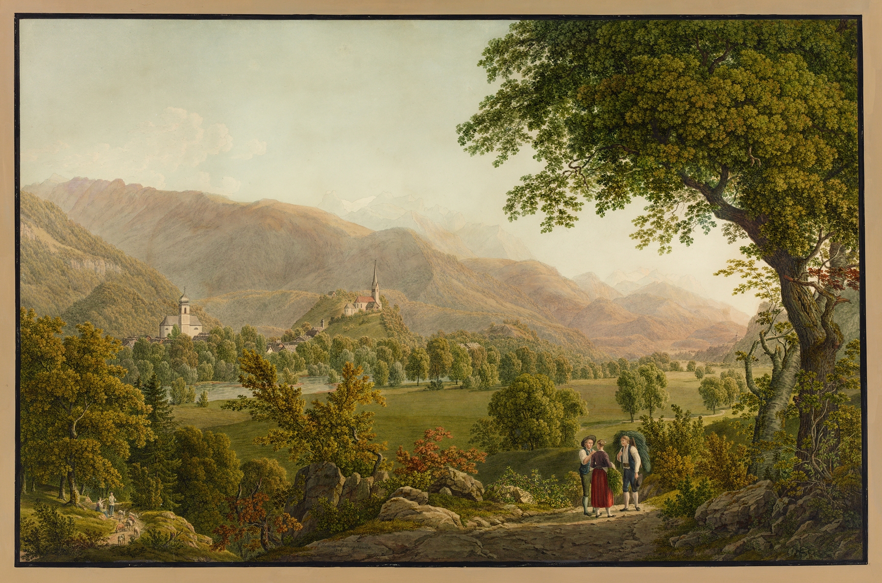 Landscape featuring hillside and architecture by Johann Heinrich Luttringhausen