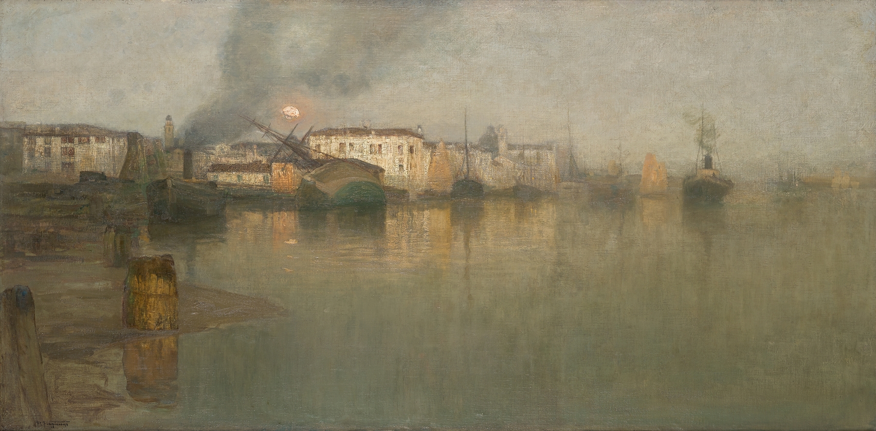 Impressionist oil painting by Pietro Fragiacomo depicting Venice at dawn with reflections on water