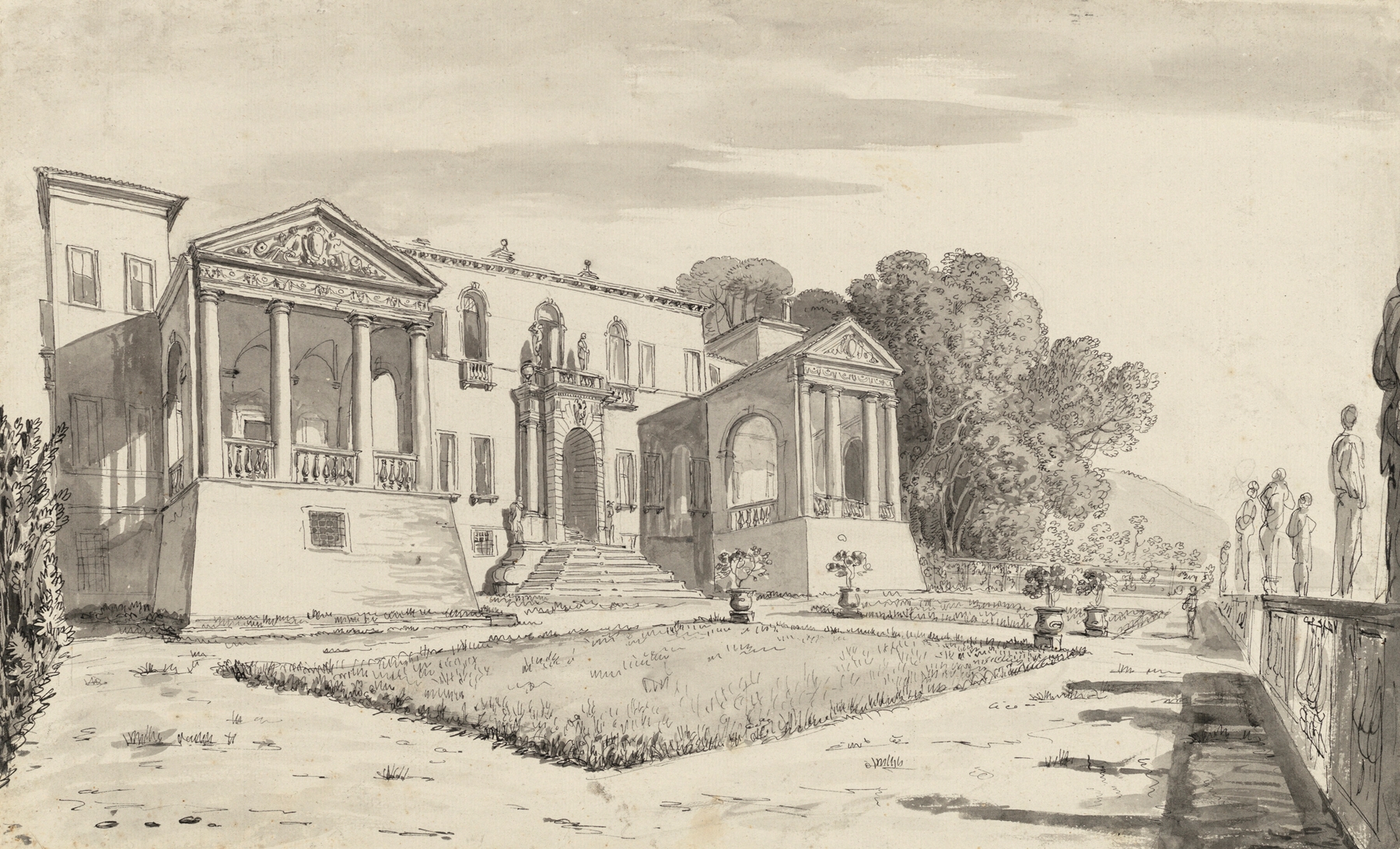 A view of a villa from a terrace with a balustrade, oil painting by Carlo Labruzzi
