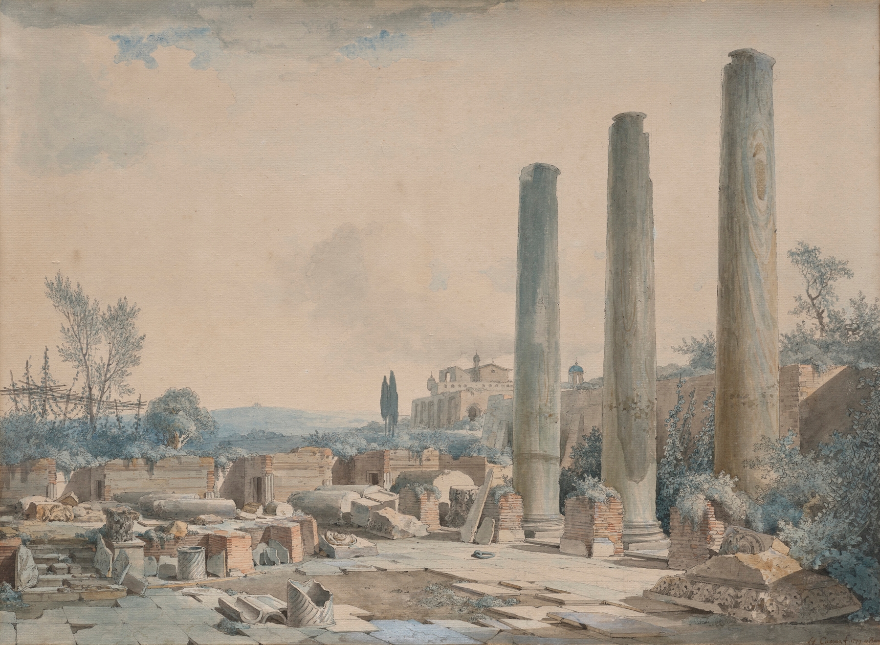Watercolour by Louis-François Cassas depicting the ruins of Jupiter's temple.