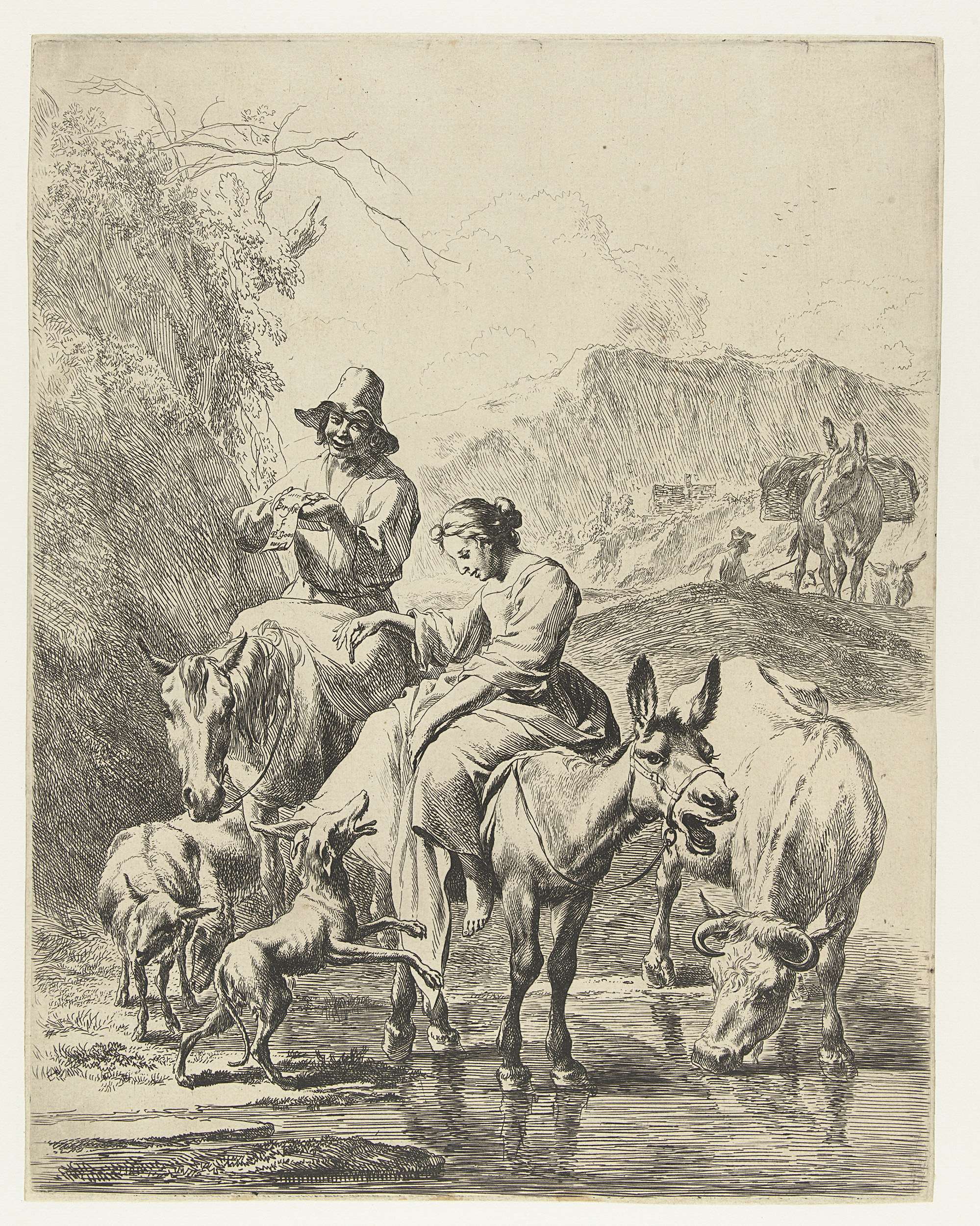 Etching by Nicolaes Pietersz Berchem showing a herder on horseback and a woman on an ass crossing a stream.
