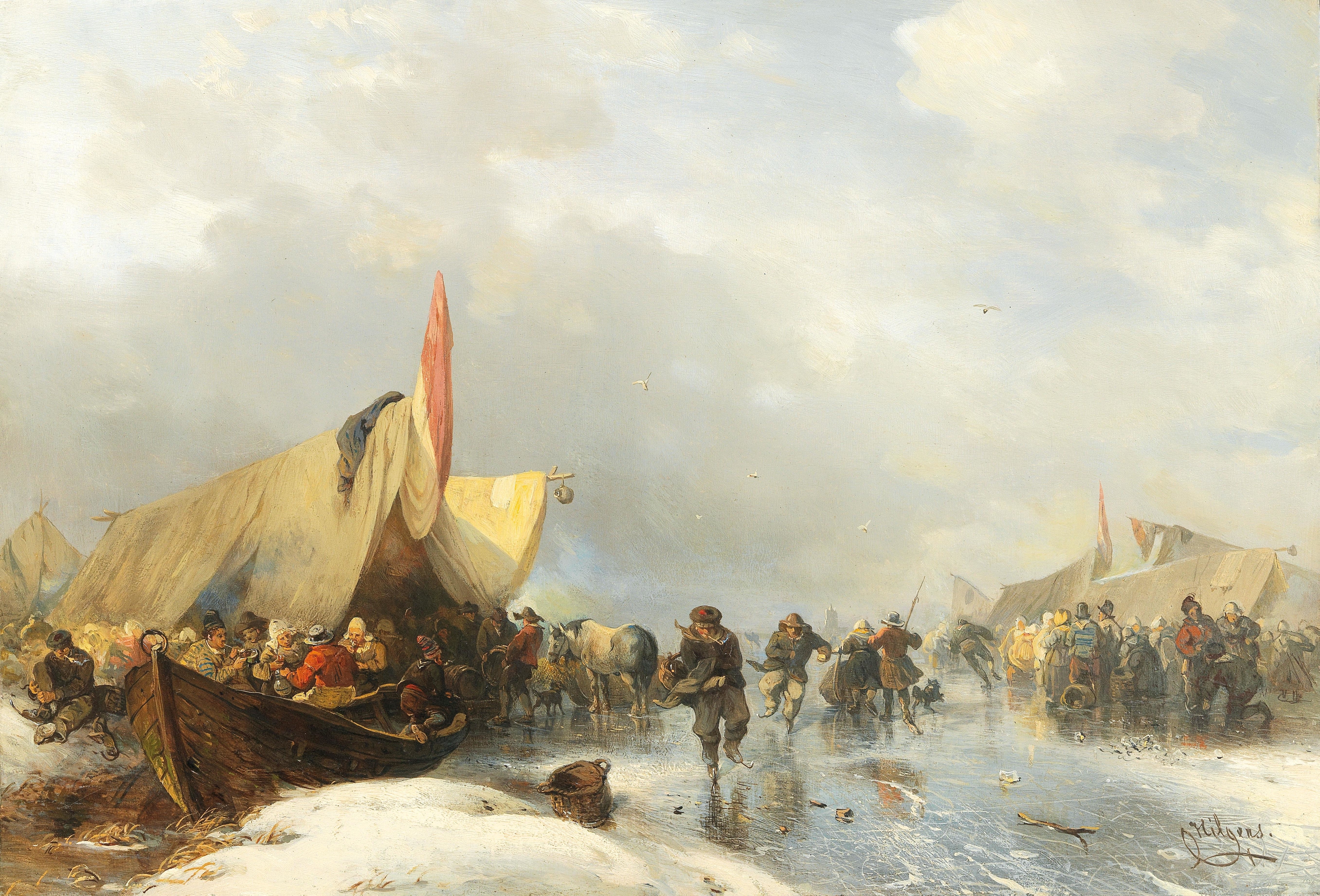 Winter scene with figures ice skating, oil on canvas by Carl Hilgers