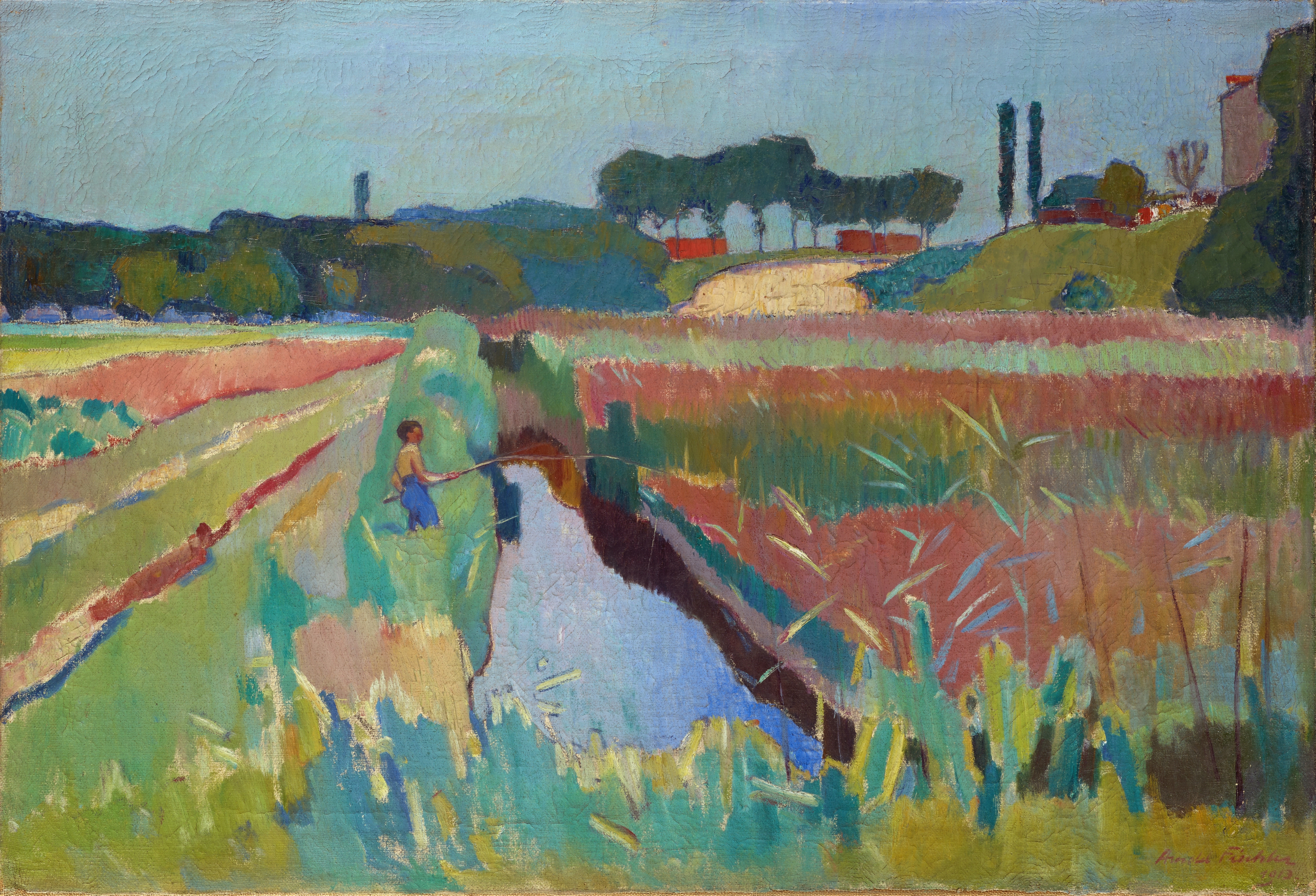 Marshland Near Neudorf With Fishing Boy by Arnold Fiechter, Impressionism
