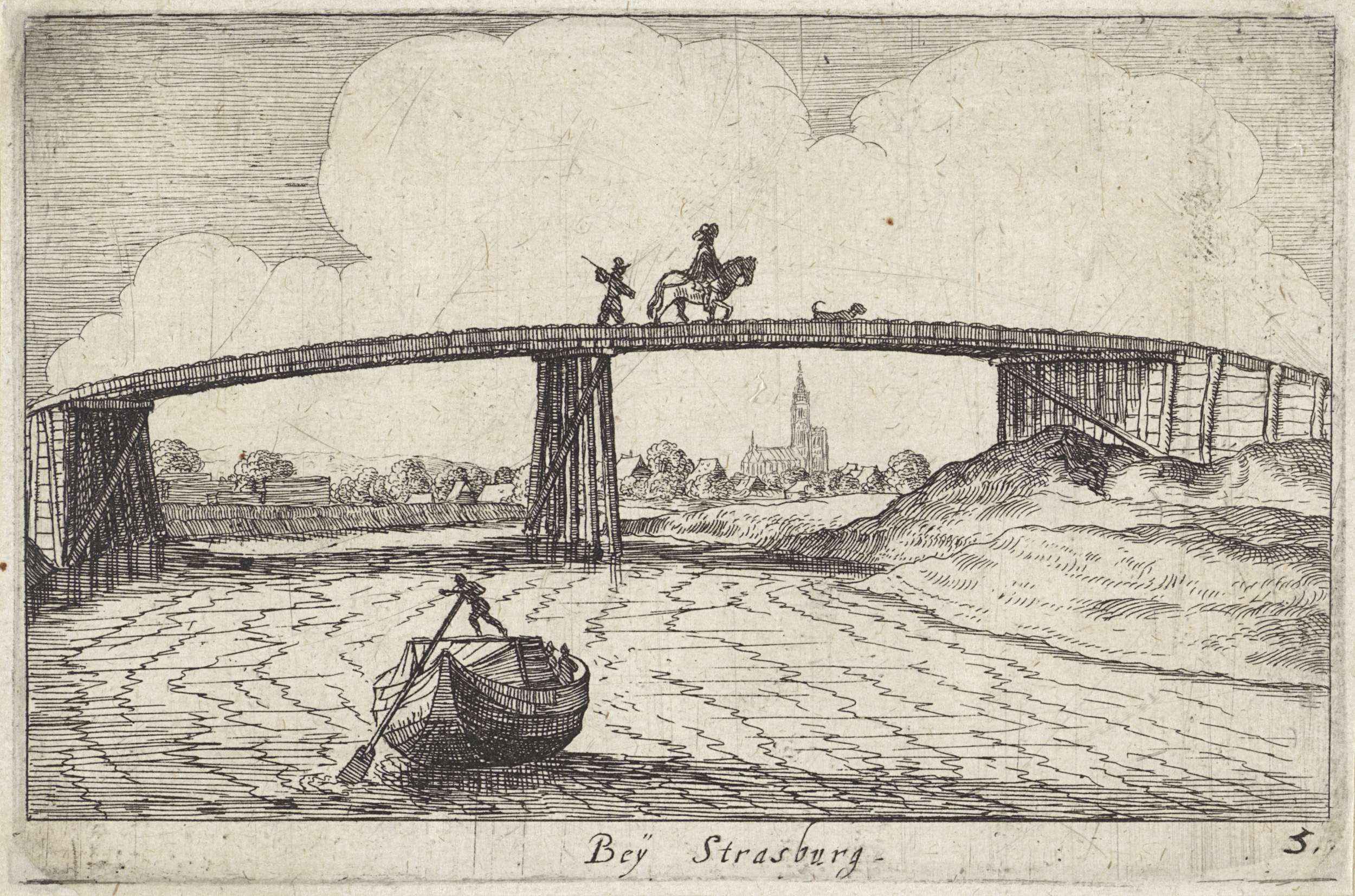 Etching by Wenceslaus Hollar depicting a bridge over a river with a distant city.