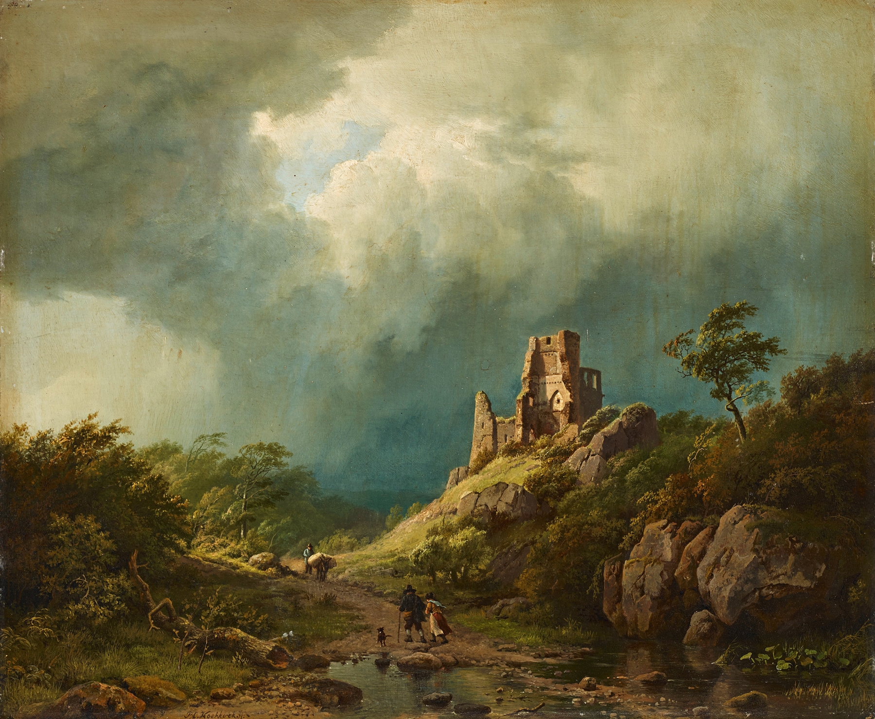 Travellers passing a ruined castle in a stormy landscape, oil painting by Barend Cornelis Koekkoek