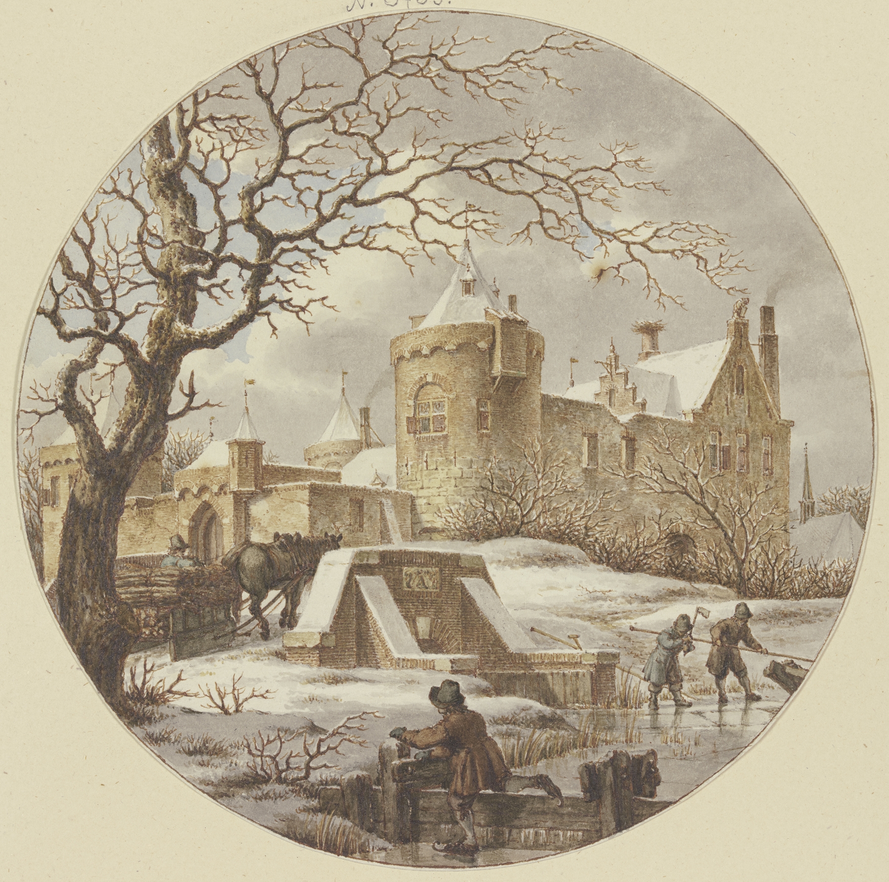 Winter landscape with a bridge and sled by Jacob Cats, 1788
