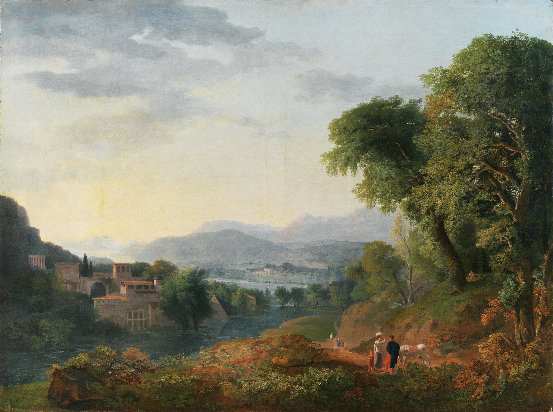 Italianate landscape oil painting by Carlo Labruzzi featuring rolling hills and sunlight