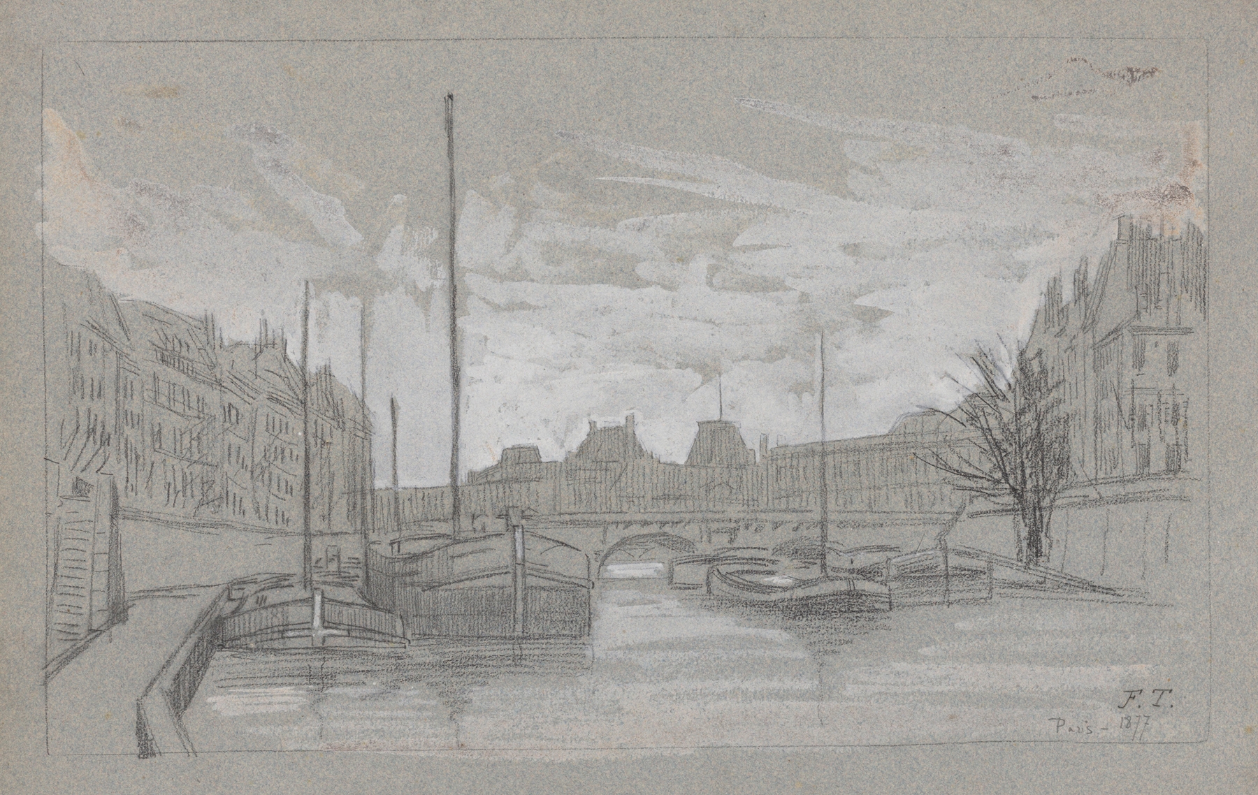 Oil painting by Jean-François Taelemans depicting boats on the Seine near a bridge.