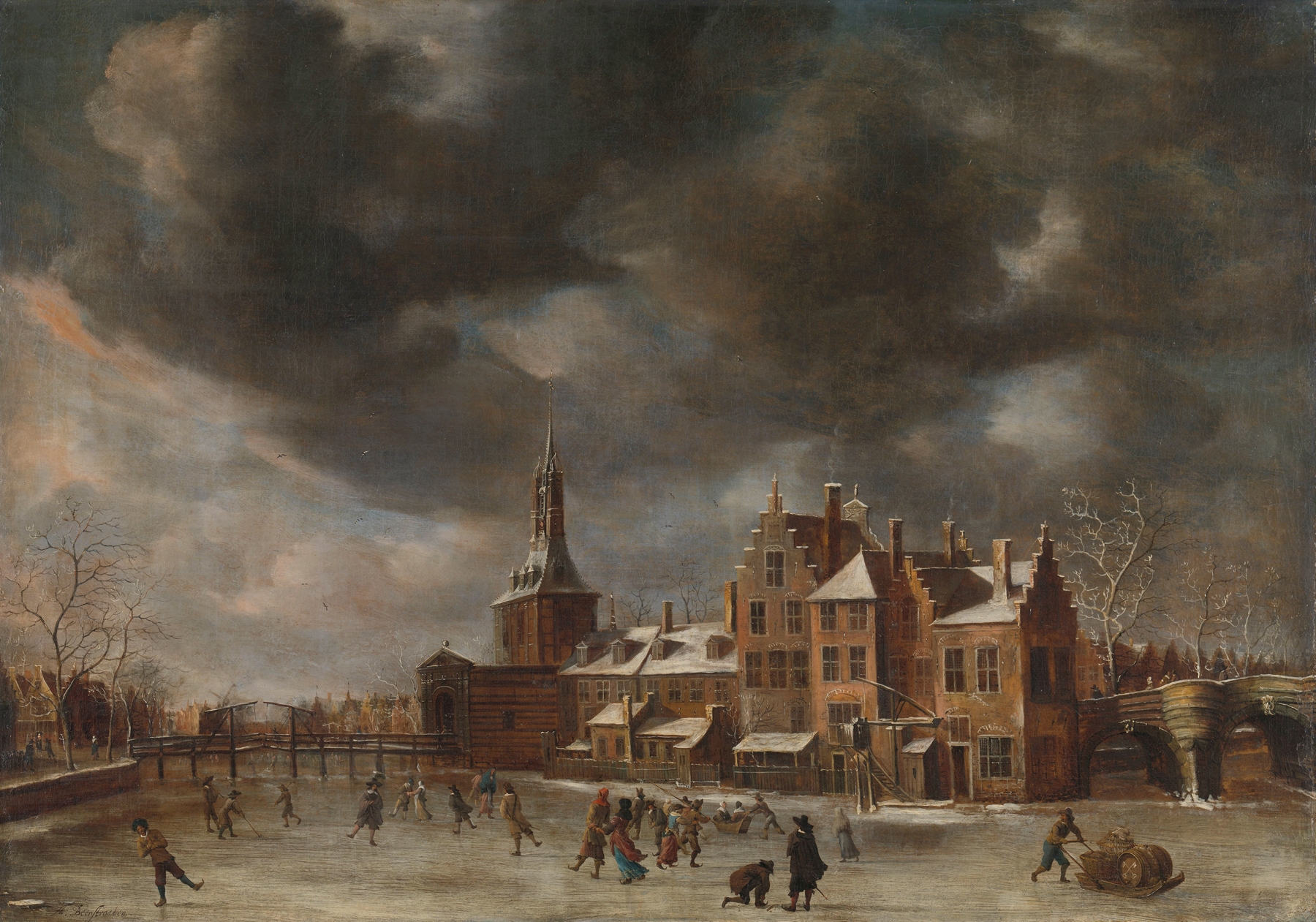 The Blauwpoort in Leiden in the Winter, oil painting by Abraham Beerstraaten