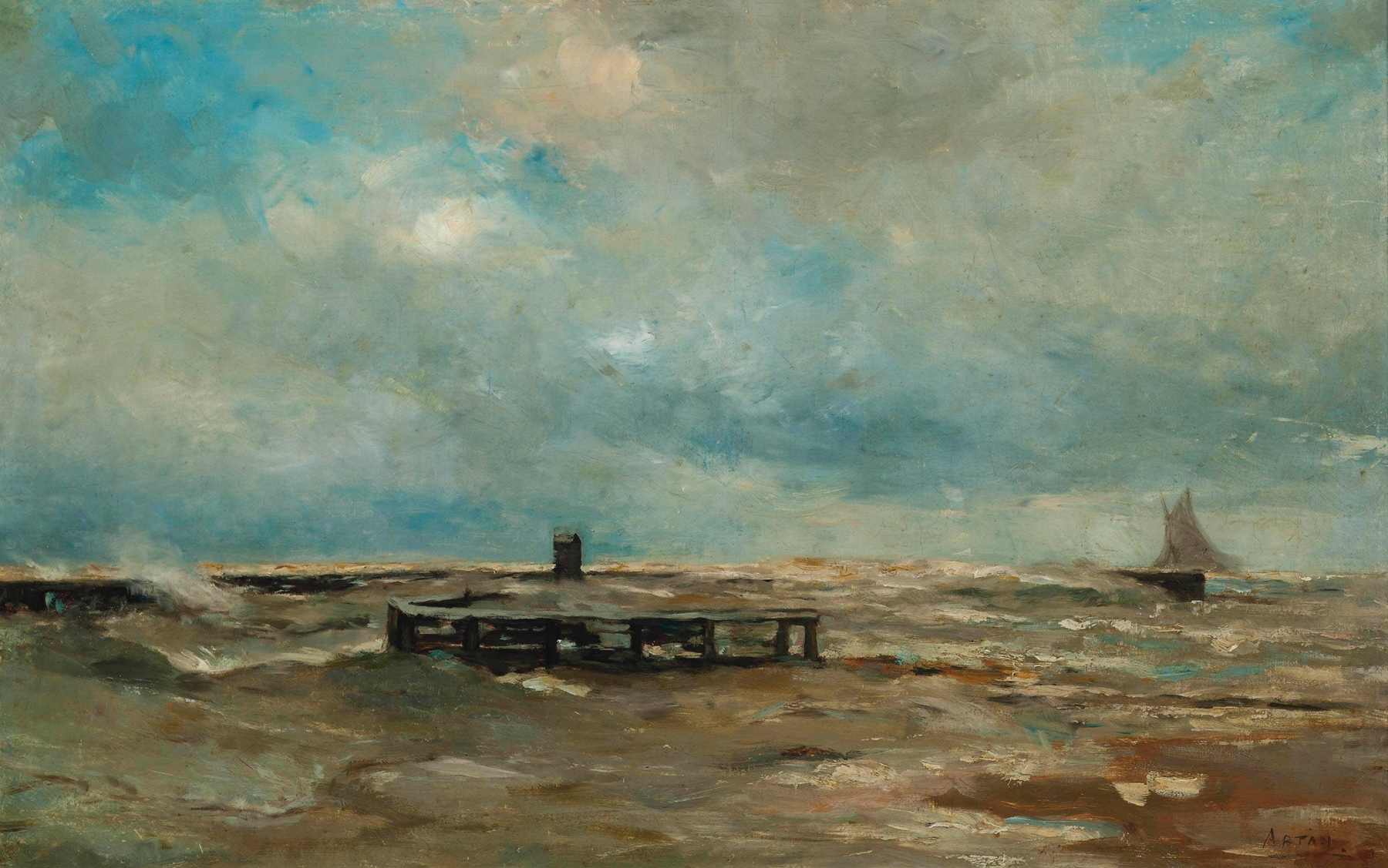 Oil on canvas by Louis Artan depicting turbulent waves crashing against harbor defenses.