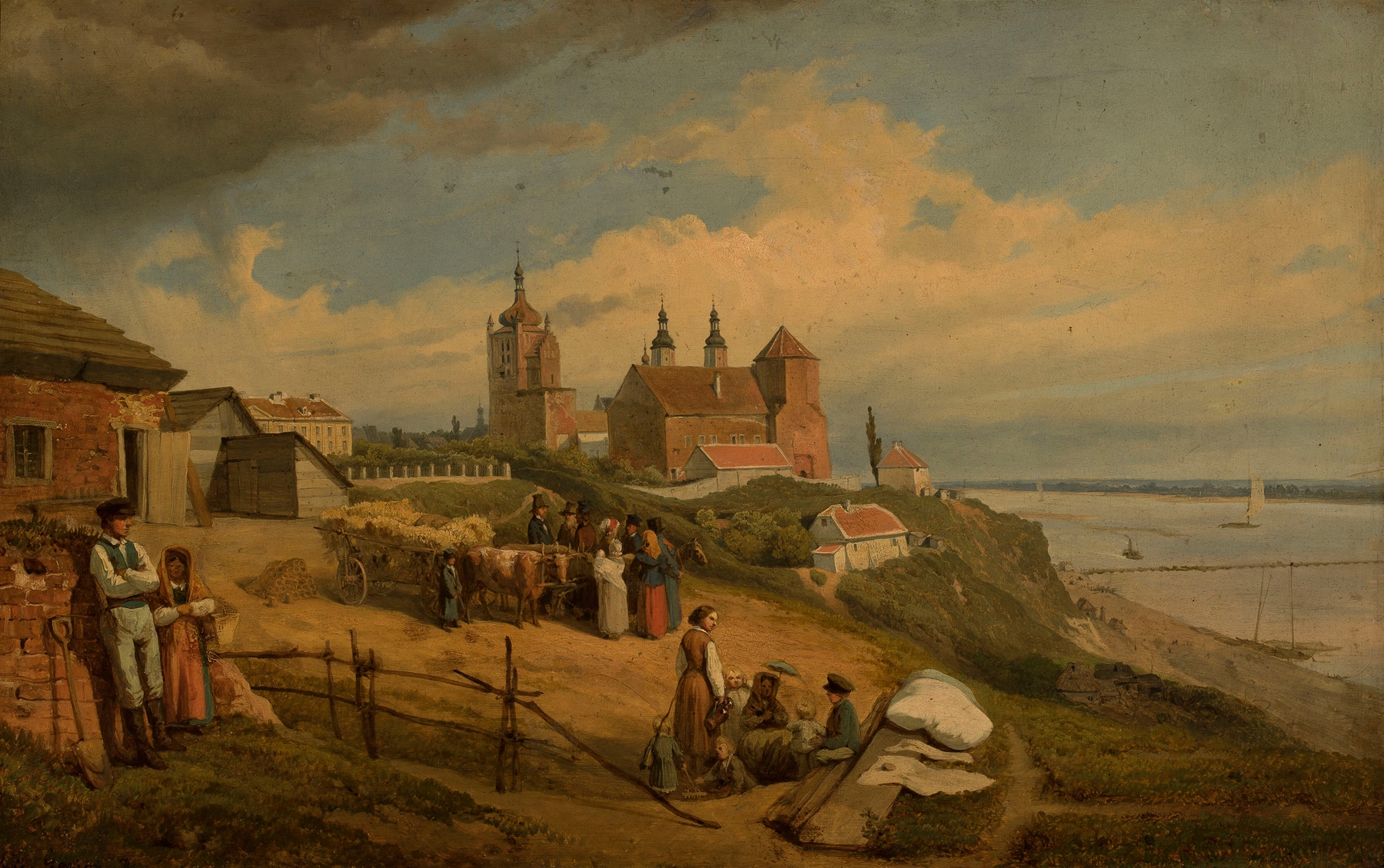 Landscape view of Płock with river and pastel sky by Wojciech Gerson, oil on canvas