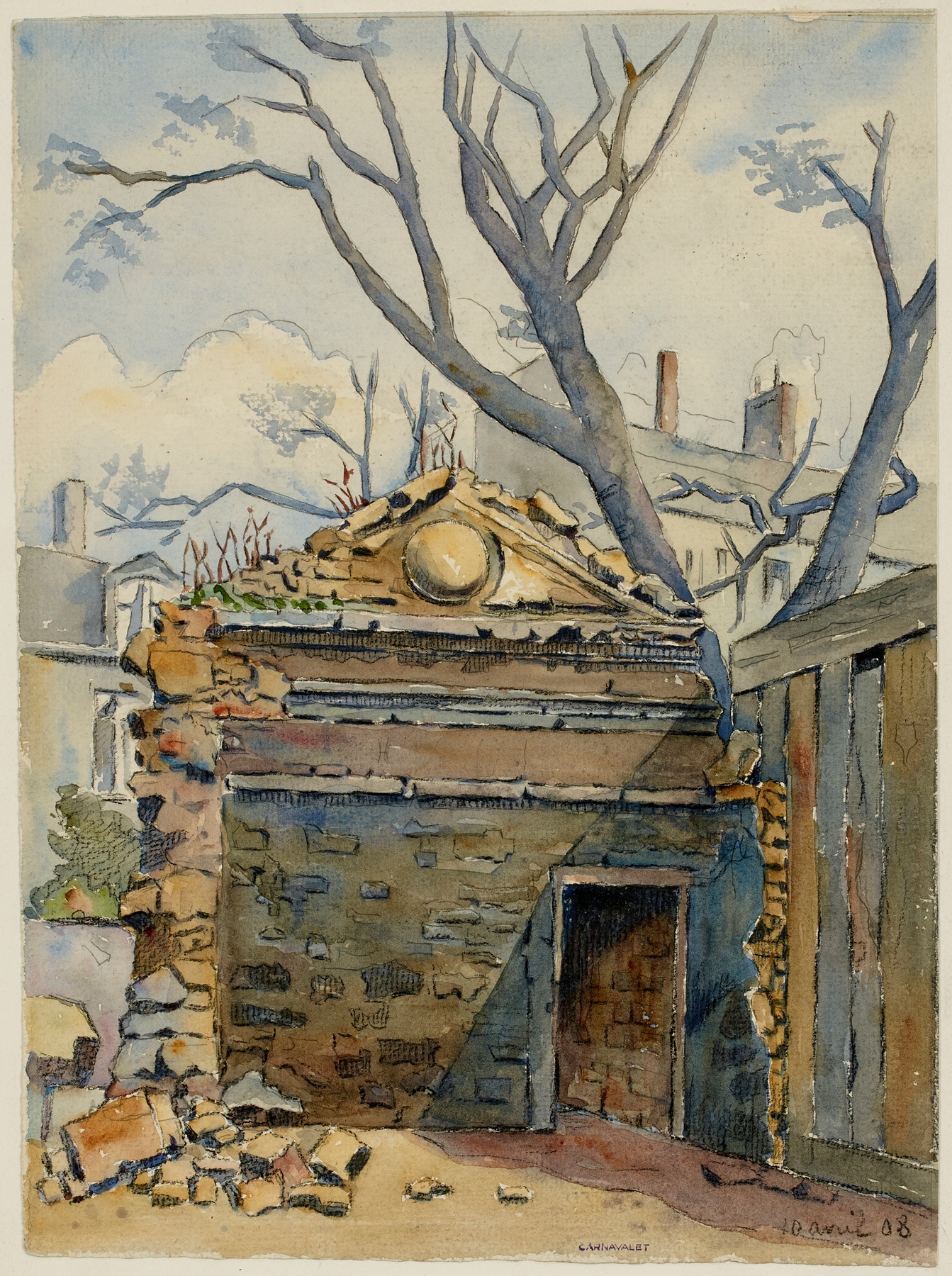 Rue du Regard by Georges-Henri Manesse, oil on canvas depicting a narrow street with dynamic light and shadows.