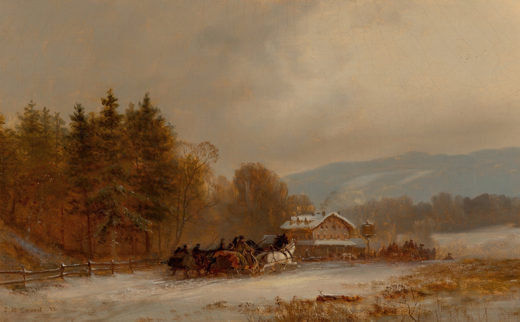 The Winter Race by James Brade Sword, oil on canvas depicting sledders in motion on snow.
