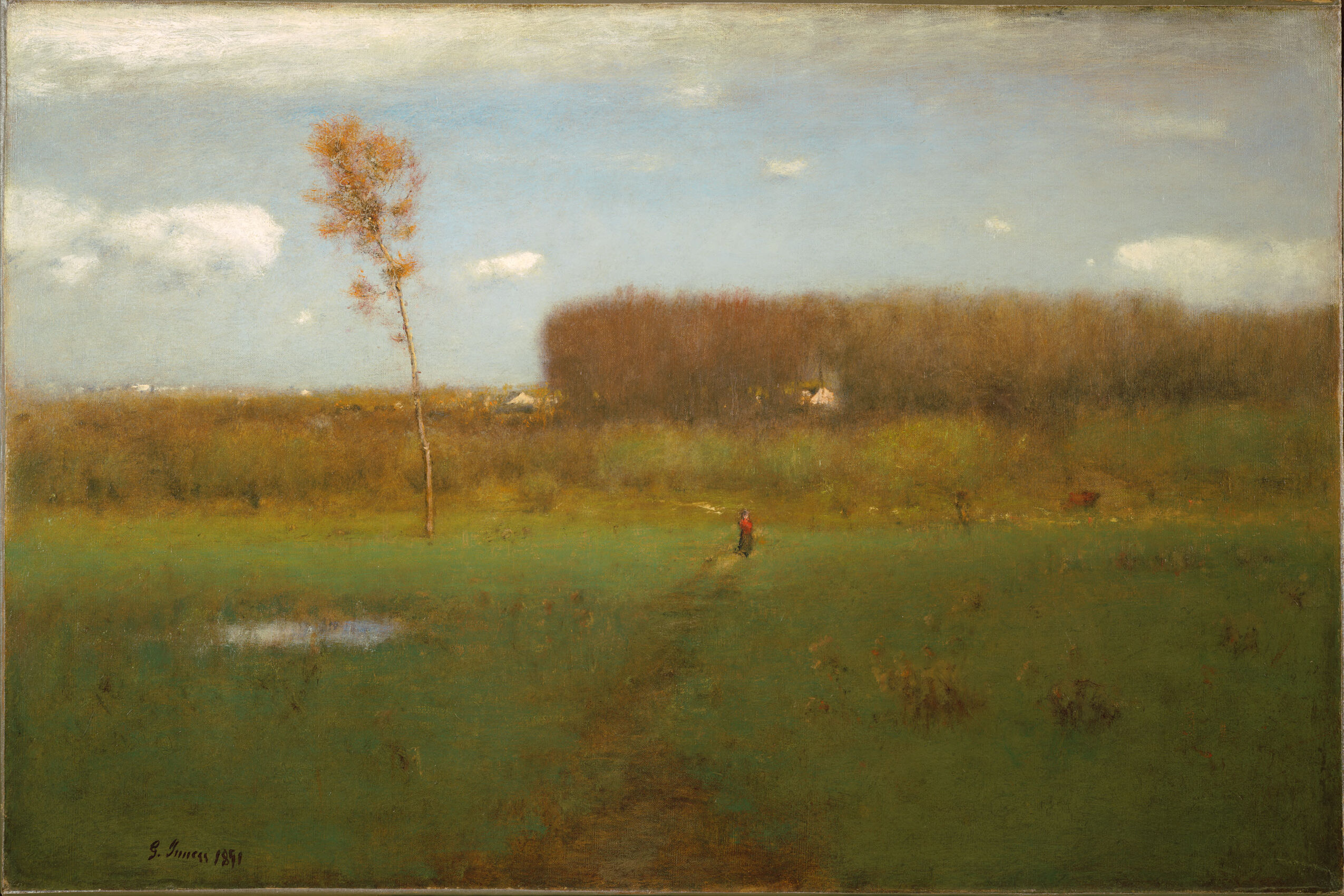 October Noon by George Inness, oil on canvas depicting an autumn landscape with golden foliage.