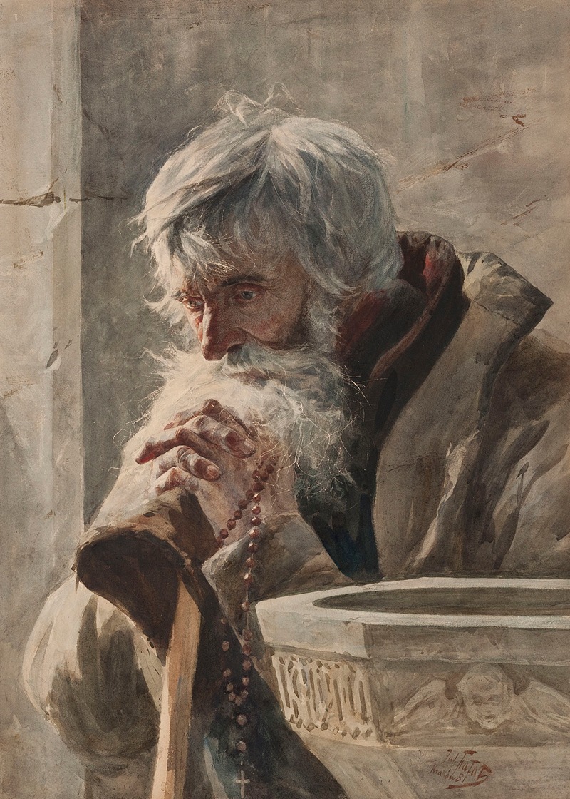 A contemplative portrait of an old man in a narthex, showcasing Julian Falat's attention to detail.