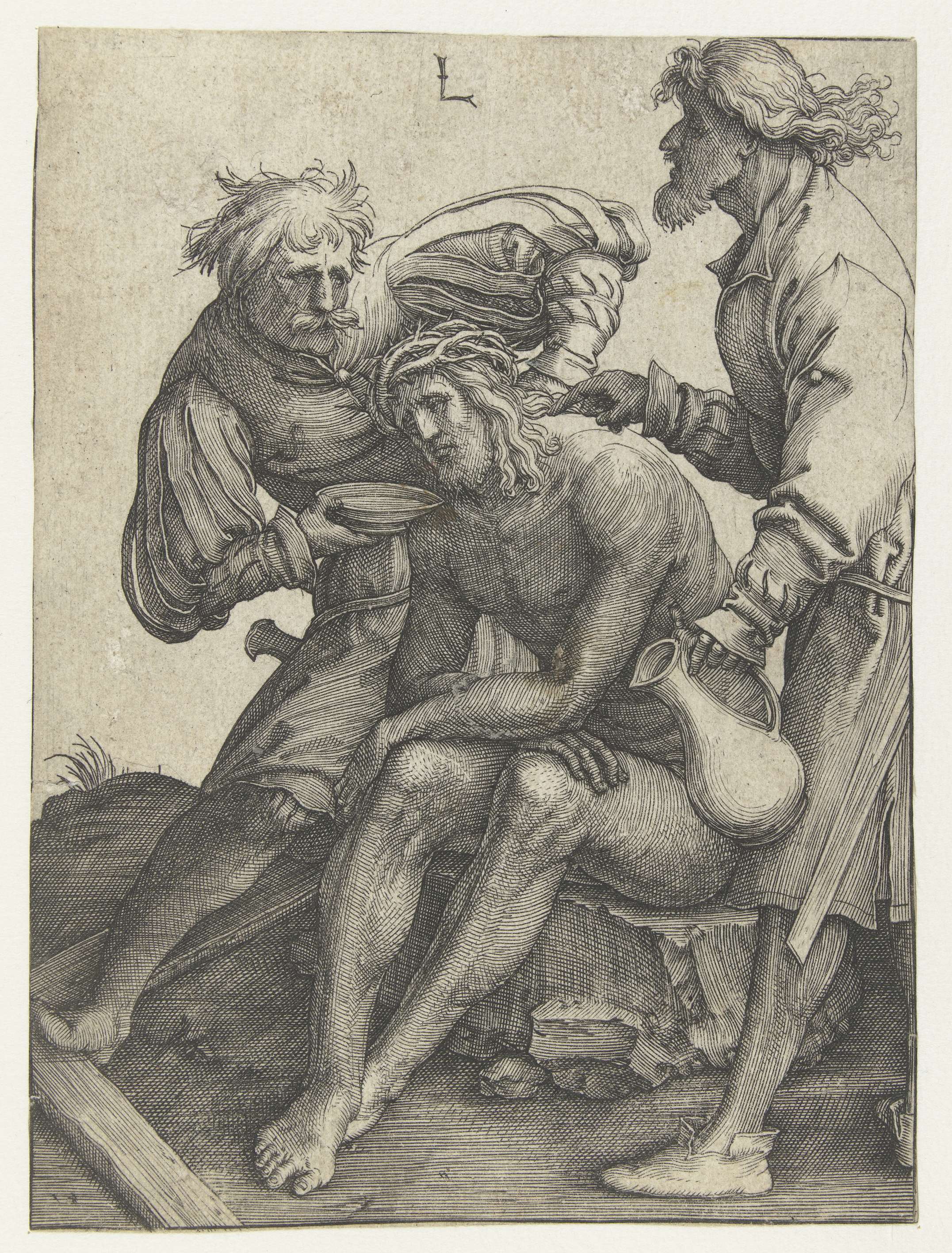 Engraving by Lucas van Leyden showing a soldier offering a cup to Christ