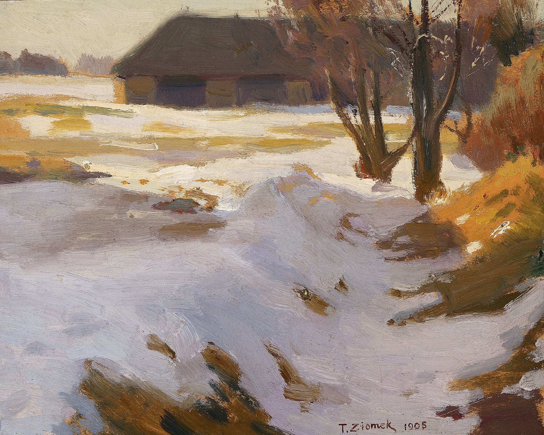 Winter thaw oil painting by Teodor Ziomek, depicting melting ice and soft sunlight.