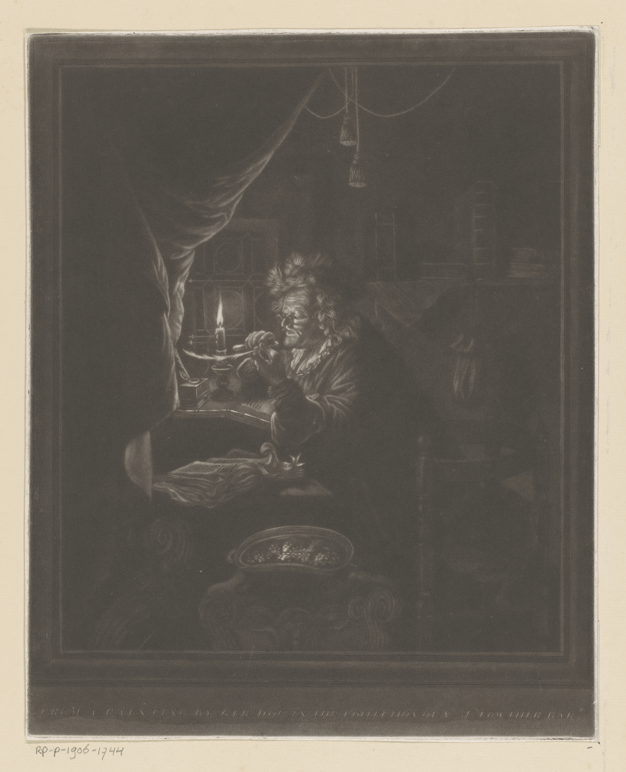 Engraving by William Baillie showing an artisan in a study, illuminated by warm light.