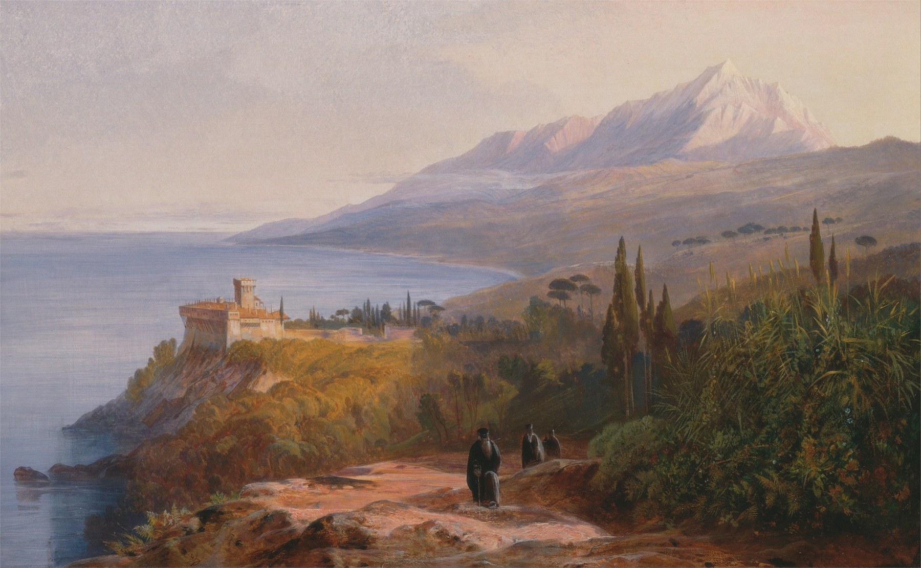 Mount Athos and the Monastery of Stavronikétes, by Edward Lear, public domain