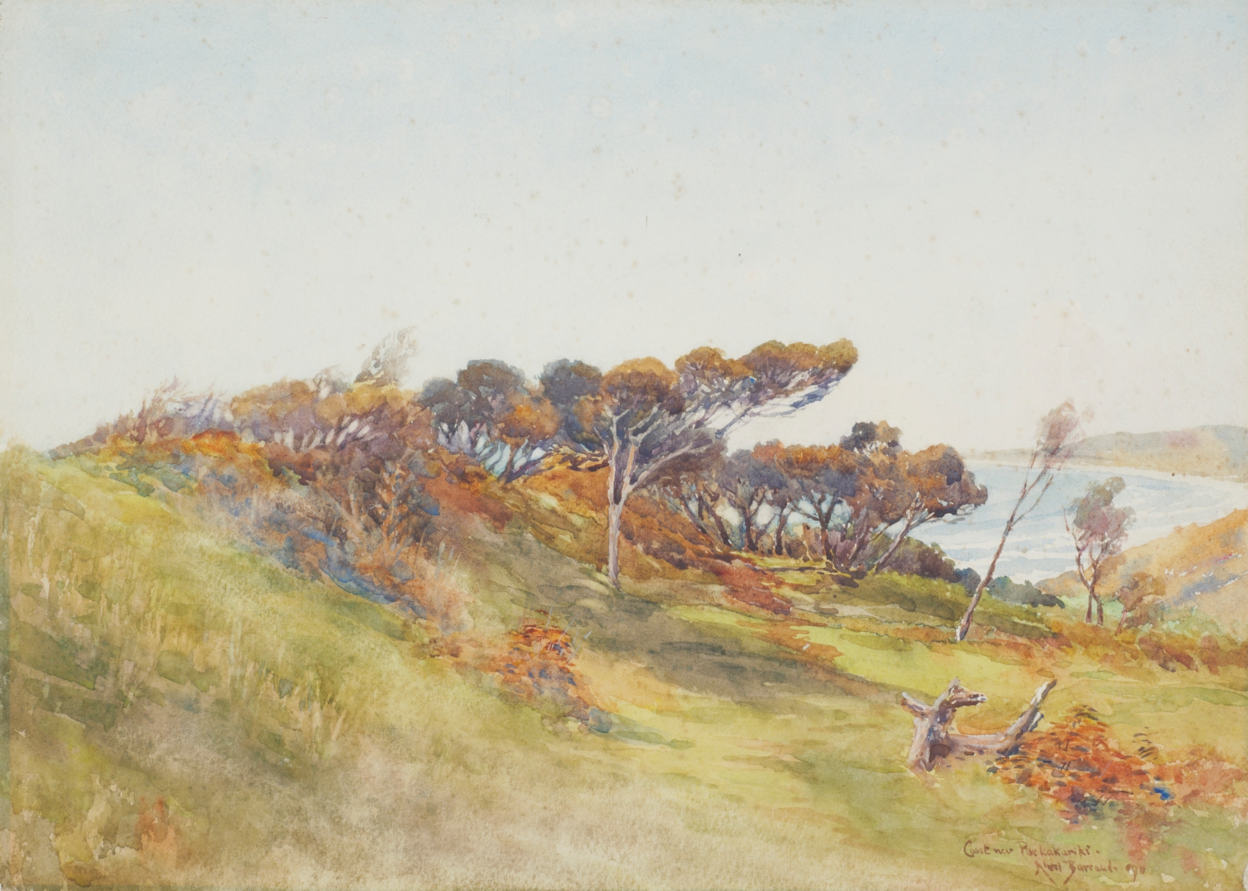 Coast near Paekakariki by Edward Barraud, oil painting depicting waves and coastline.