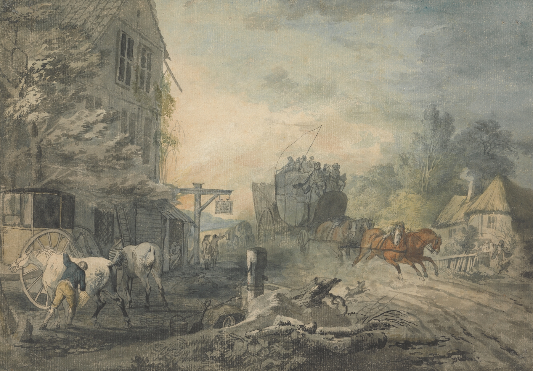 Stagecoach and horses racing through a village on the Bath-London road by Charles Robertson, oil painting.